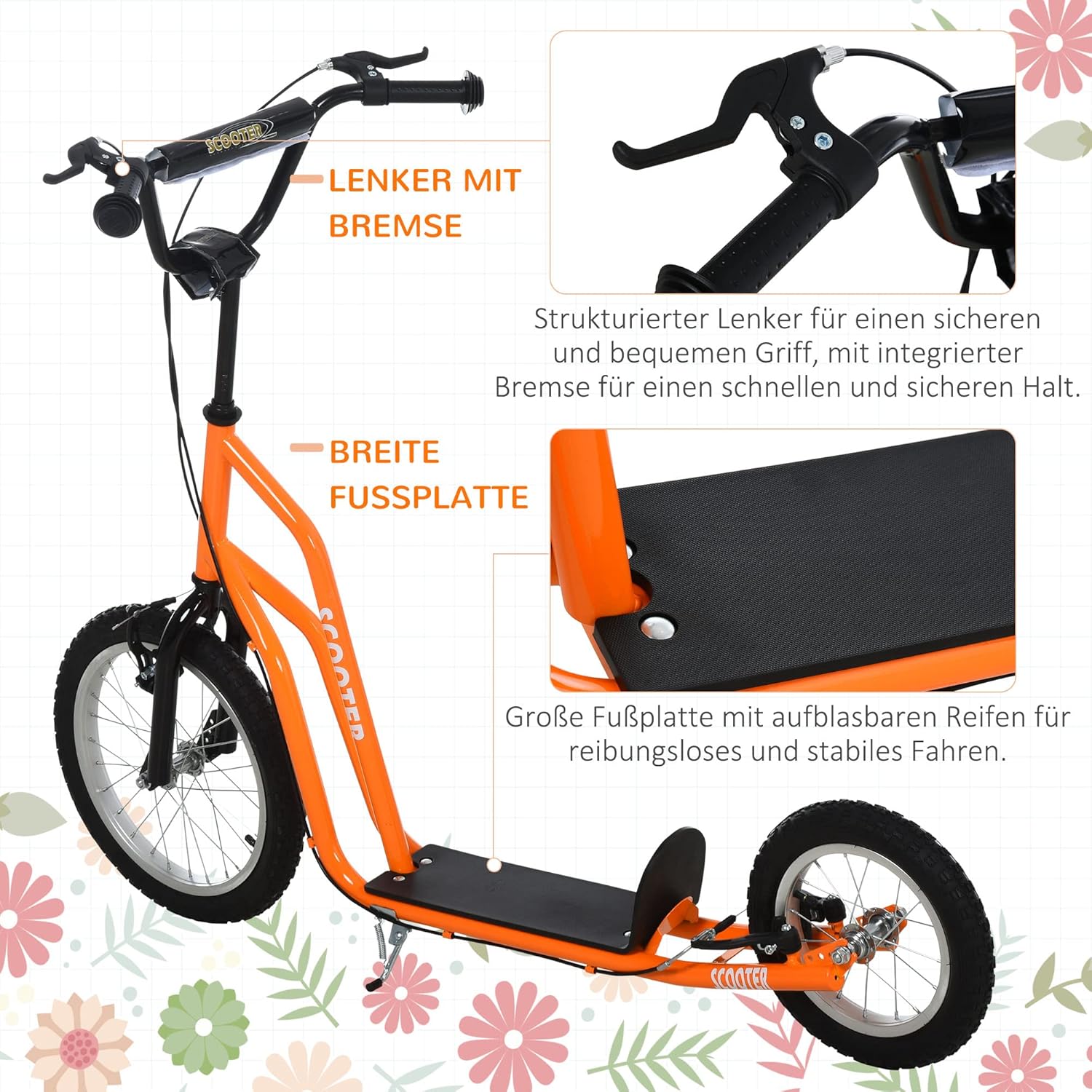 Homcom Children's Scooter City Scooter Kick Board with Pneumatic Tyres 16/12 Inch Blue/Orange 139 x 58 x 88-94 cm – Bild 4
