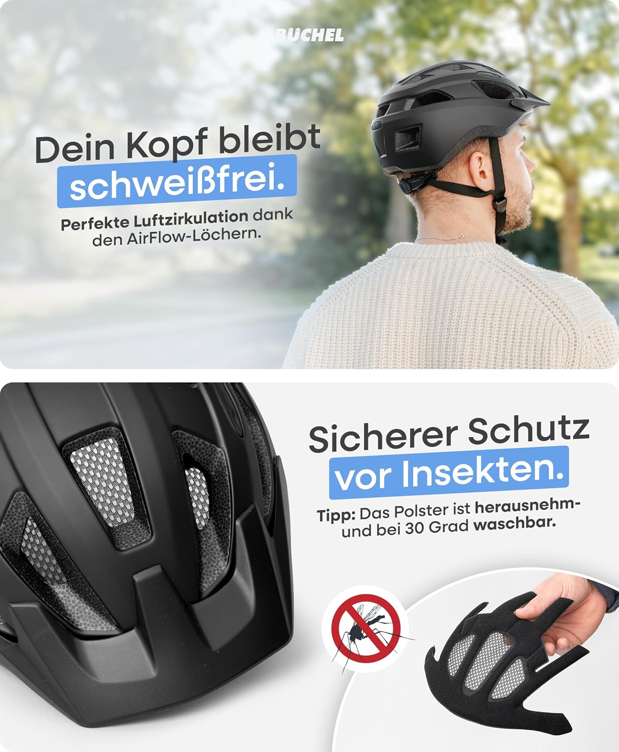 BÜCHEL Bicycle Helmet with In-Mould Technology & Cam Lock - Helmet for Children, Women and Men, with Chin Padding and Washable Fly Net - Bicycle Helmet 52-57 cm & 58-61 cm | Black, White, Grey – Bild 6