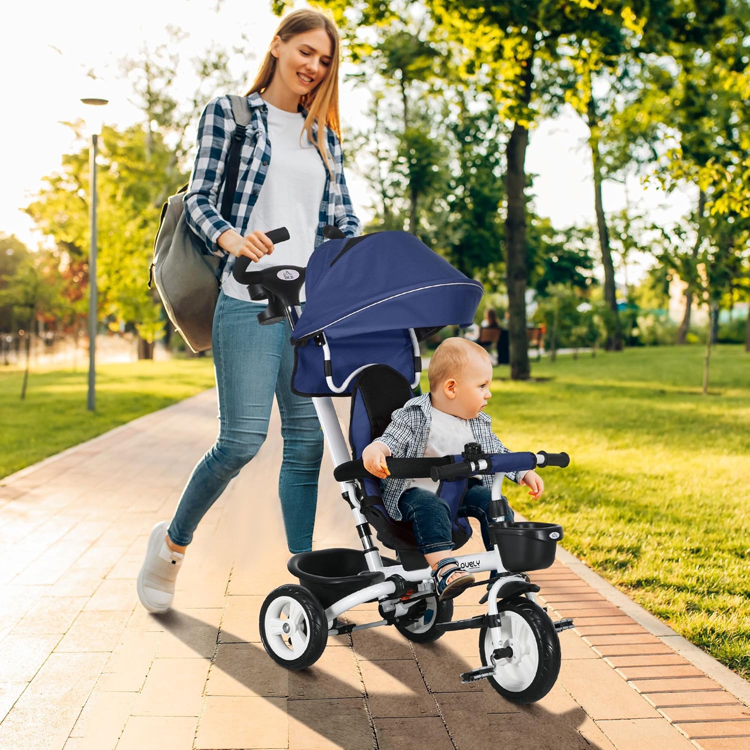 HOMCOM 6-in-1 Tricycle with Push Bar, Foldable, Children's Tricycle with Seat Belt, Removable Sun Canopy, Basket, Drink Holder, Pedal, for 1-5 Years Children, up to 25 kg, Blue – Bild 2