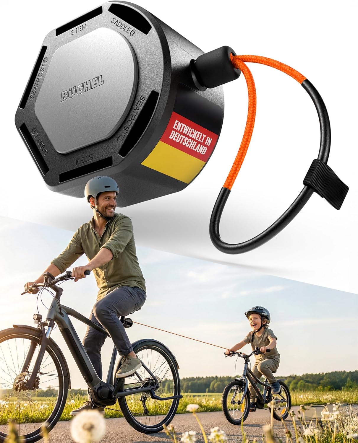 Büchel Bicycle Tow Rope up to 120 kg - 2.20 m Tow Rope Bicycle Children with Pull Tab & Abrasion Protection - Sturdy Carabiner & 3-Way Mountable for Adult & Children's Bikes