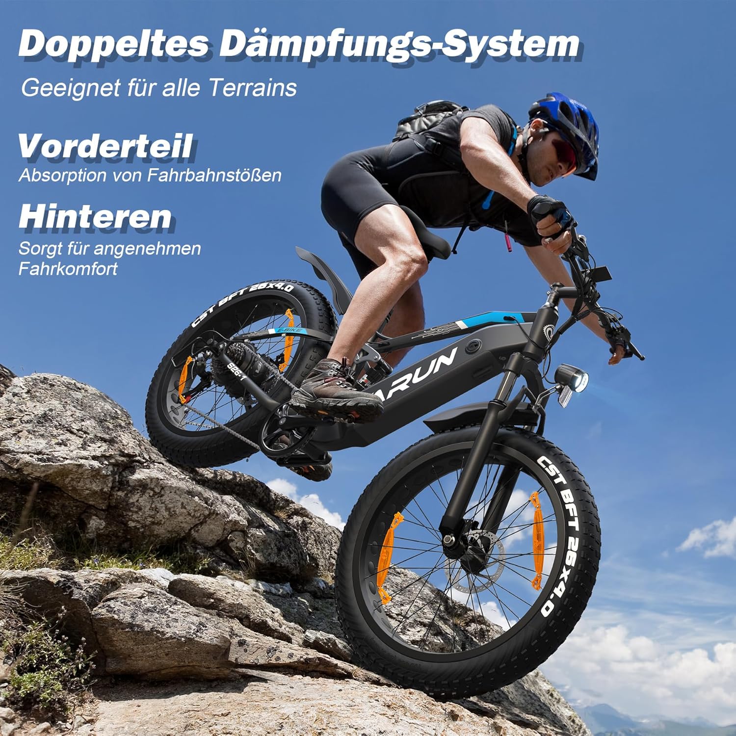 VARUN E Bike, 26 x 4.0 Zoll Ebike Herren mit 85Nm 250W Motor, 48V 18AH Akku, bis 150km Reichweite, Vollfederung, 5 PAS LCD-Display, 25km/h, 7 Gang, Offroad E-Bike für alle Geländearten – Bild 4