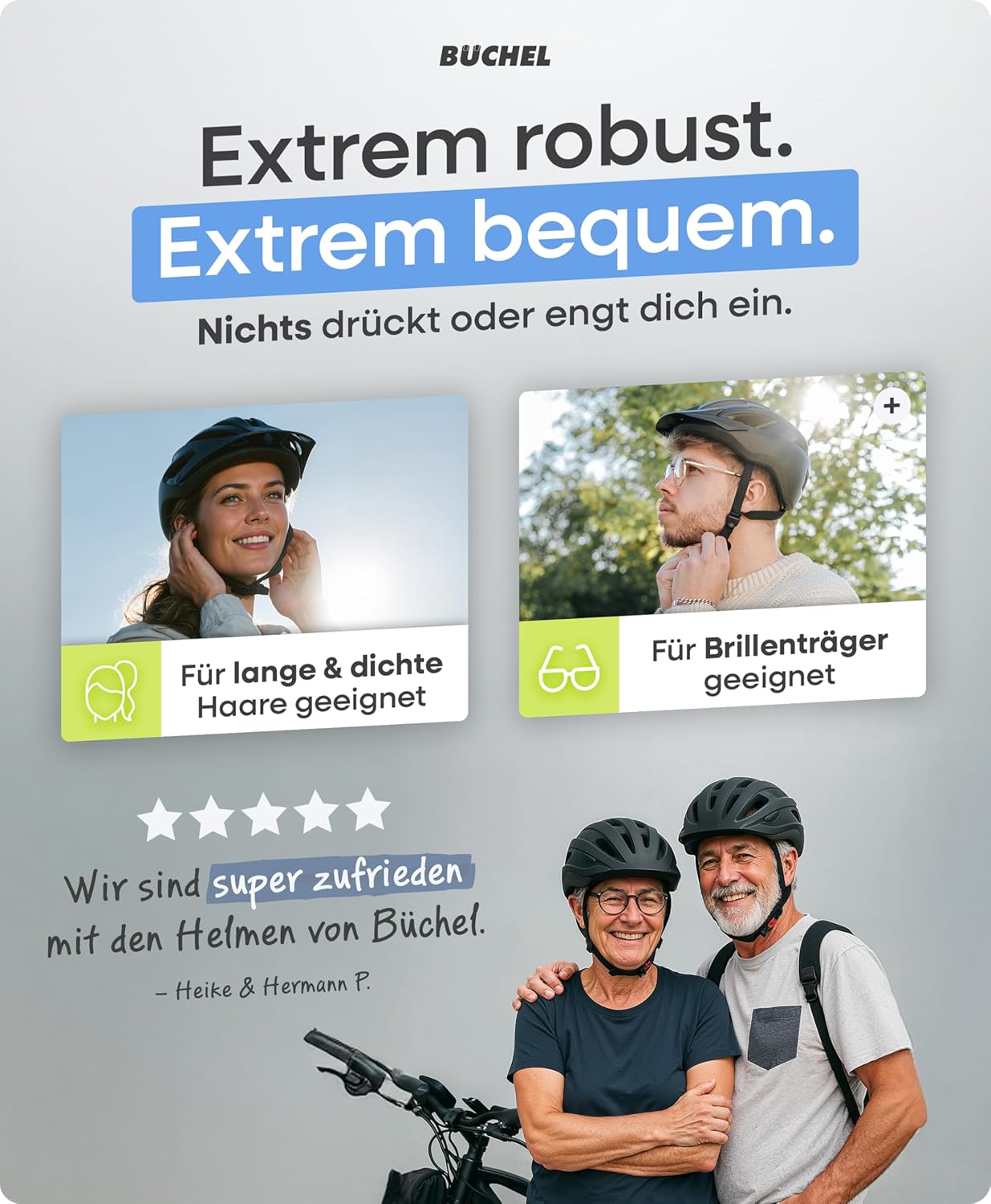 BÜCHEL Bicycle Helmet with In-Mould Technology & Cam Lock - Helmet for Children, Women and Men, with Chin Padding and Washable Fly Net - Bicycle Helmet 52-57 cm & 58-61 cm | Black, White, Grey – Bild 3