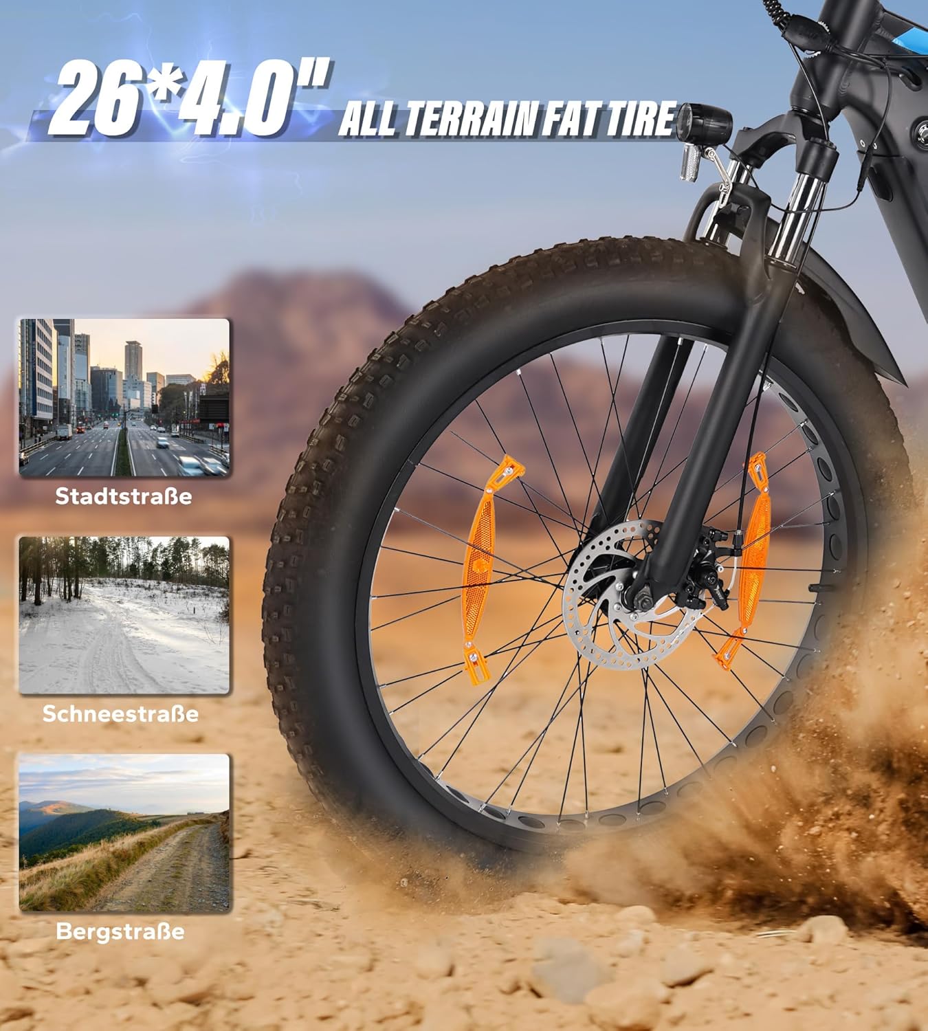VARUN E Bike, Men's E-Bike with 26 x 4.0 Inch Fat Tire, 48 V 18 Ah Battery, Up to 150 Km, 85 Nm 250 W Motor, Off-Road Ebike Mountain Bike with Full Suspension, 7-Speed, All-Terrain Electric Bicycle – Bild 7