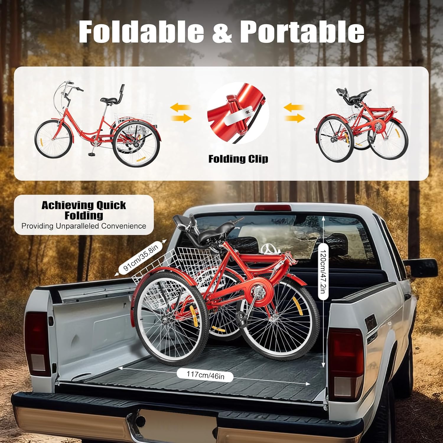 24 Inch Folding Tricycle, Tricycle for Adults with LED Headlight & Shopping Basket, 7-Speed Tricycle Bike, 3 Wheels, Outdoor Shopping Bicycle for Seniors & Adults, Red – Bild 4