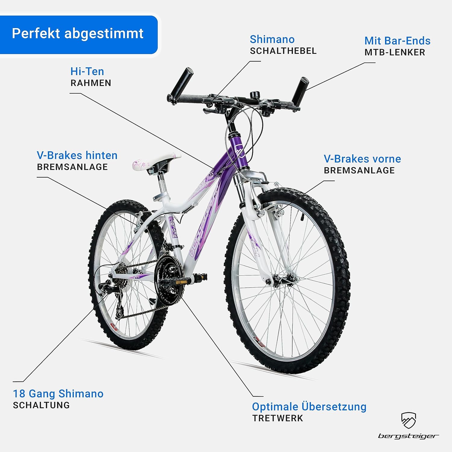 Bergsteiger Verona 24 Inch Children's Bicycle, Suitable for 8, 9, 10, 11 Years Old, Shimano 18-gear shift Mountain Bike with Fork Suspension, Girls Bike – Bild 5