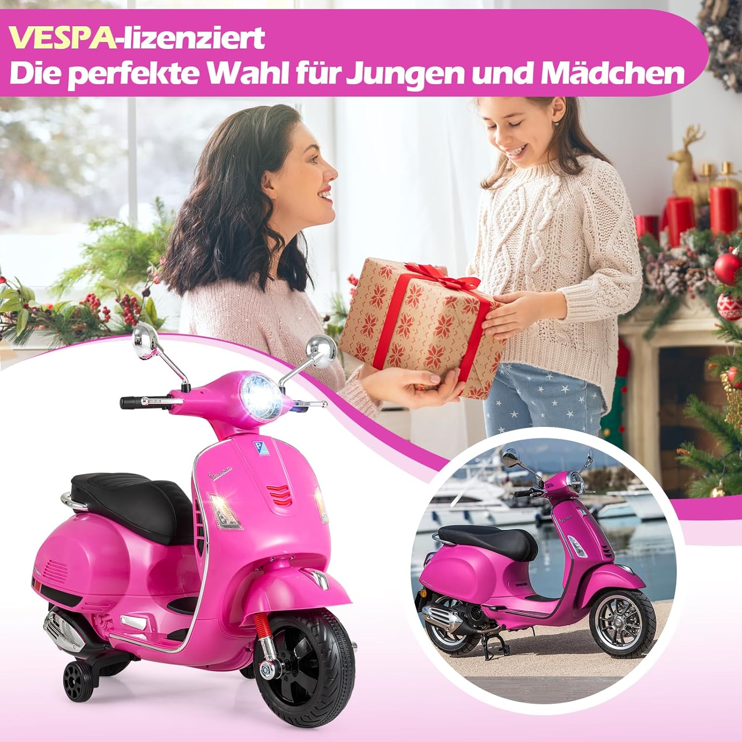 COSTWAY Children's Motorcycle, Electric, Vespa 12 V Motorcycle with LED Headlight and Horn, 2-3 km/h Electric Children's Motorcycle with Stabilisers, Electric Vehicle for Boys and Girls from 3-6 Years (Pink) – Bild 9