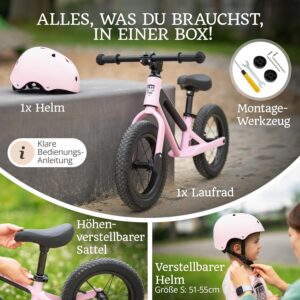 Laufrad ab 2 Jahre [mit Helm] Kinderfahrrad Laufräder | Balance Bike 12″ Tragegriff Fußstütze ergonomischer Sitz [höhenverstellbar] Luftreifen Lauflernrad Outdoor Spielzeug Fahrrad Kinder