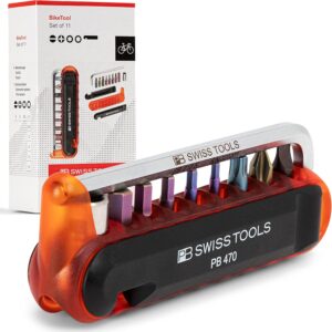 PB Swiss Tools Bicycle Multitool PB 470 | 100% Swiss Made | Multitool Tool with Bits, Angle Screwdriver, Adapter, Tyre Lever for Mountain Bike, Road Bike, Bicycle