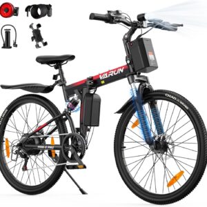 VARUN E-Bike Folding Bike 26 Inch Mountain Bike for Men Women, 48 V 374.4 Wh Battery Electric Bicycle with Full Suspension, 80 km Range, 7-Speed, LCD with 5 PAS, Electric Mountain Bike for Commuting