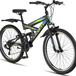 Licorne Bike, Premium mountain bike in 26 inches – bicycle for boys, girls, women and men – Shimano 21 speed gears – full suspension – strong bike.