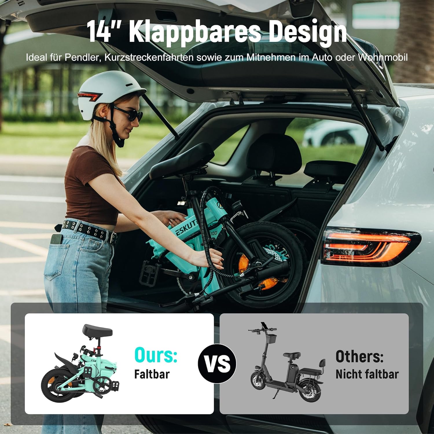 ESKUTE F100 E-Bike Klapprad, 14 Zoll Elektrofahrrad mit USB-Ladeanschluss für Handy, 250W EU-konformes Elektrofahrräder, Integrierter 36V 9Ah Akku, Reichweite bis 25-50KM – Bild 6