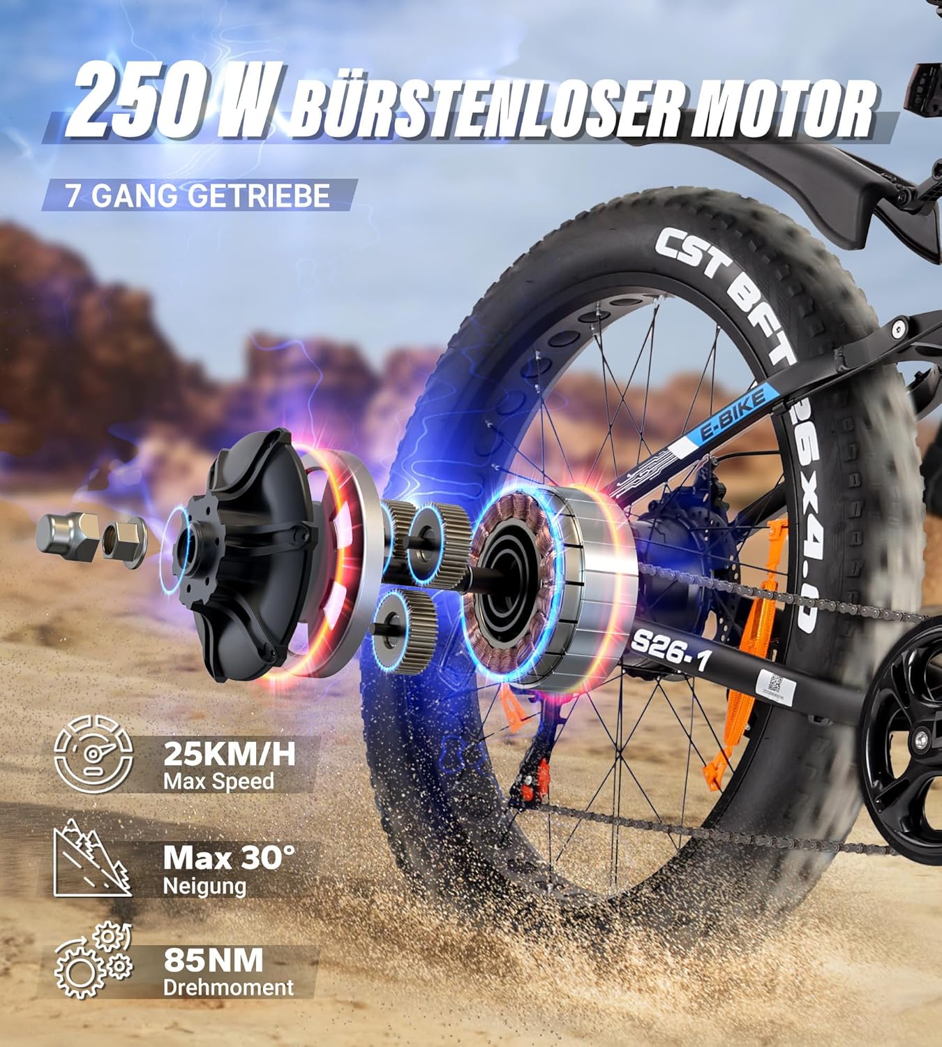VARUN E Bike, Men's E-Bike with 26 x 4.0 Inch Fat Tire, 48 V 18 Ah Battery, Up to 150 Km, 85 Nm 250 W Motor, Off-Road Ebike Mountain Bike with Full Suspension, 7-Speed, All-Terrain Electric Bicycle – Bild 2