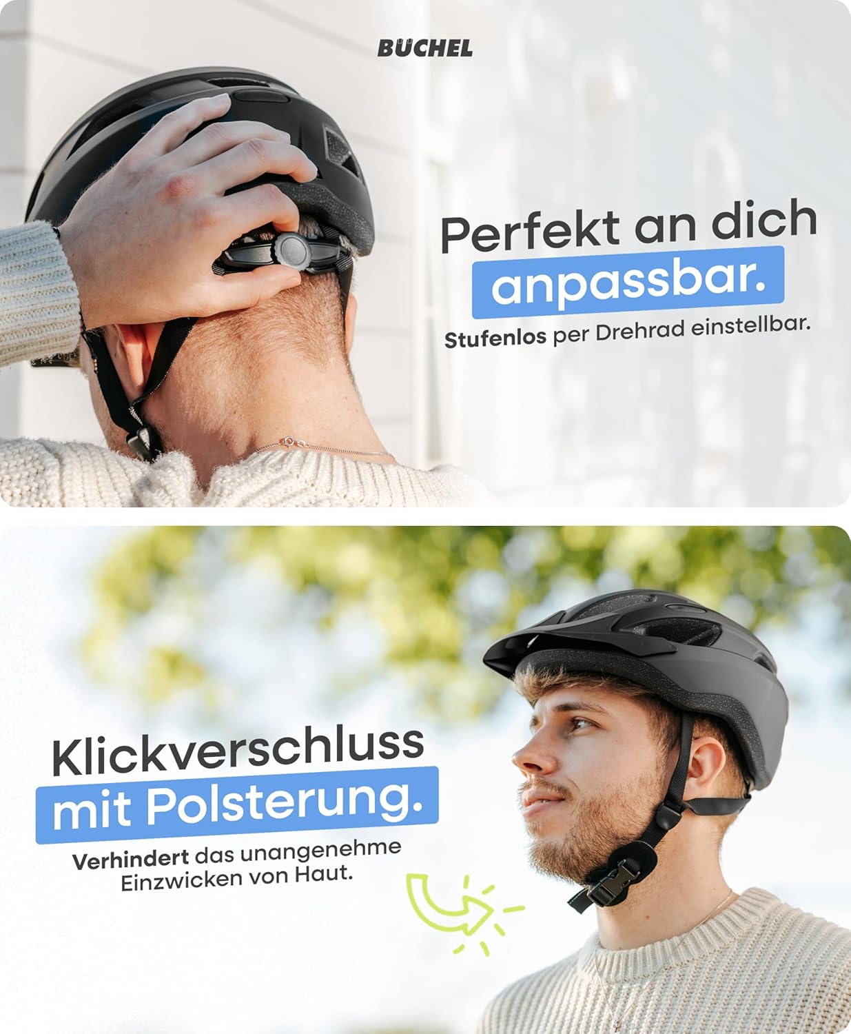 BÜCHEL Bicycle Helmet with In-Mould Technology & Cam Lock - Helmet for Children, Women and Men, with Chin Padding and Washable Fly Net - Bicycle Helmet 52-57 cm & 58-61 cm | Black, White, Grey – Bild 4