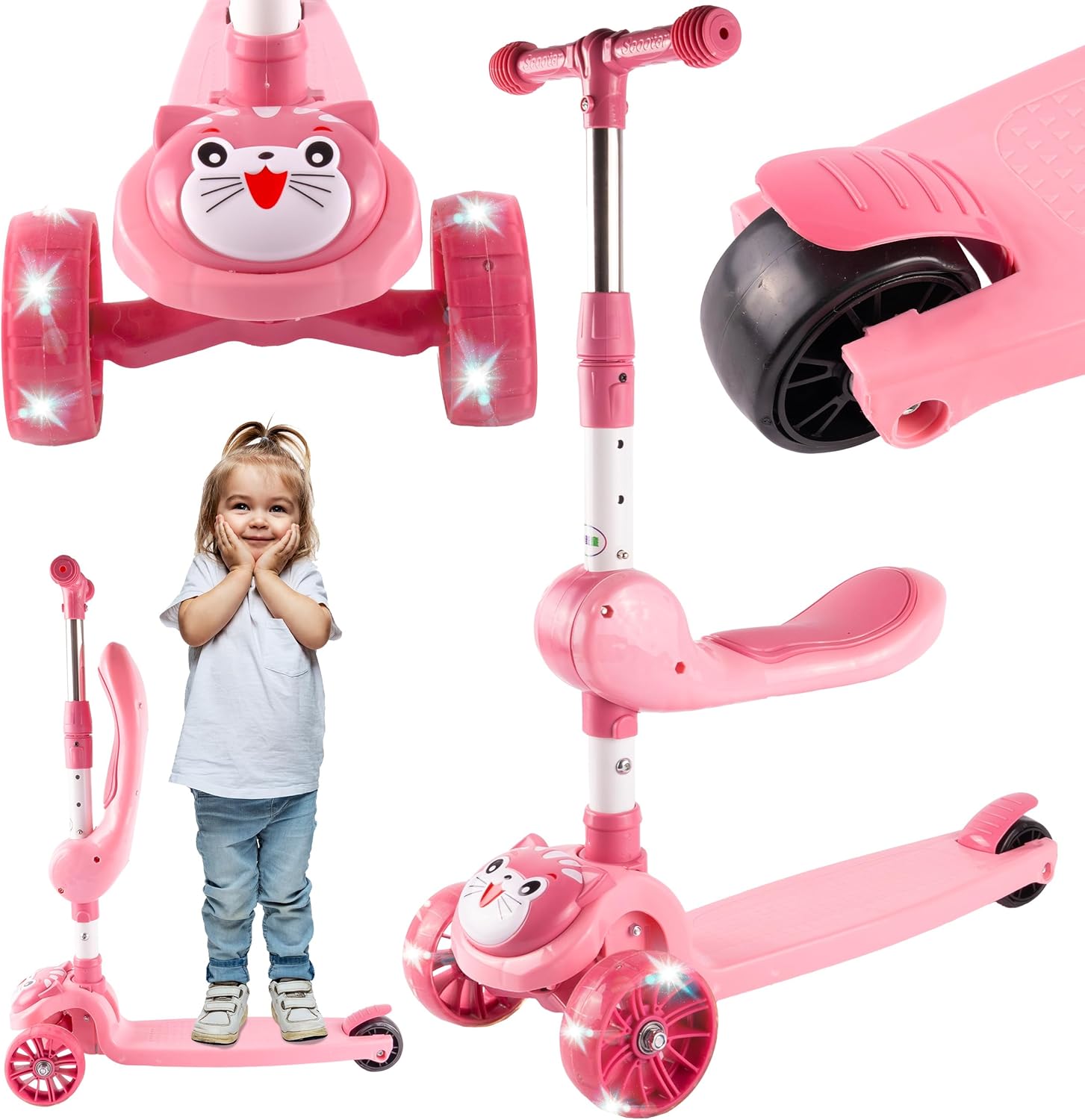 MalPlay Kitten 2-in-1 Folding Scooter LED Wheels Pink Robust Lightweight 4-Level Height Adjuster