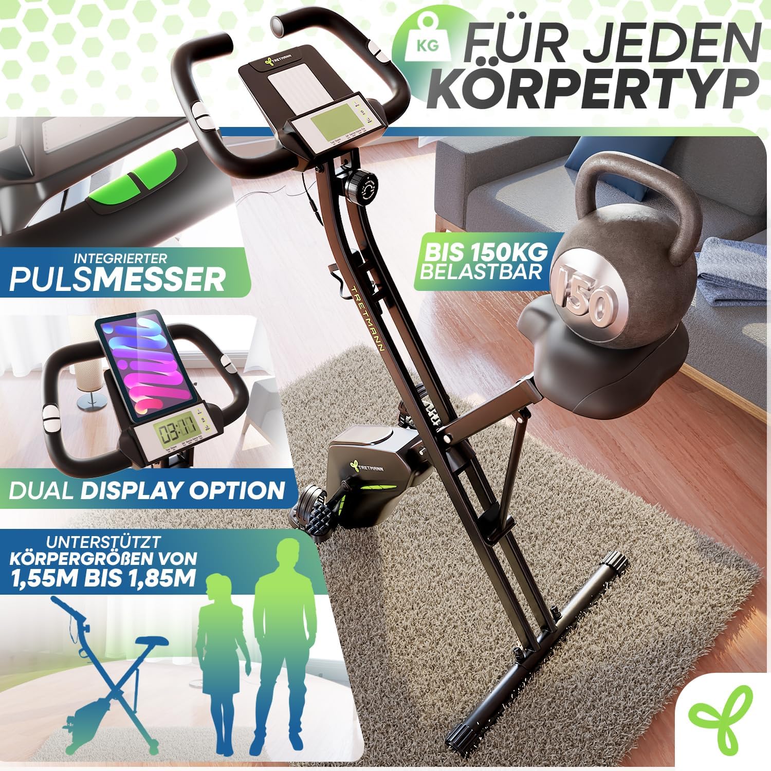 Tretmann Home Trainer Bicycle Folding Set Extra Comfortable & Quiet RelaxFoam up to 150 kg Load Capacity Ergometer, Exercise Bike, Ergometer Exercise Bike Seniors, Fitness Bikes – Bild 6
