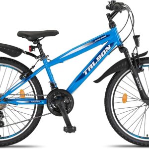 Talson 24 Inch Mountain Bike Bicycle with 21 Speed Shimano, Fork Suspension and Lighting, Blue