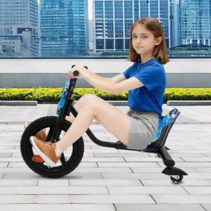 Drift Scooter, Children’s Drift Scooter, 90 x 68 x 60 cm, Pedal Scooter Drifts Cart, Load Capacity 80 kg Adjustable, Children’s Pedal Tricycle Can Be Used for Children from 6 Years (Blue Panel)