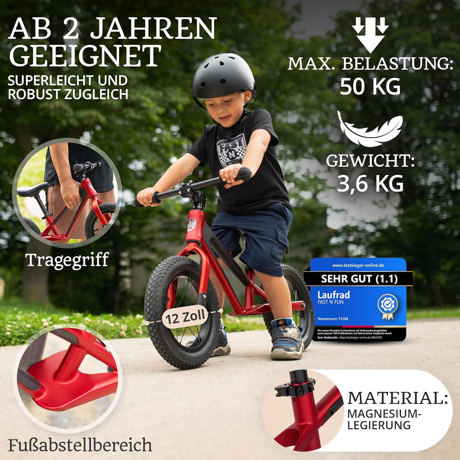 Balance Bike from 2 Years, Ultralight with Carry Handle, Magnesium Frame, 12 Inch Wheels, Footrest and Ergonomic Height-Adjustable Seat – Bild 2