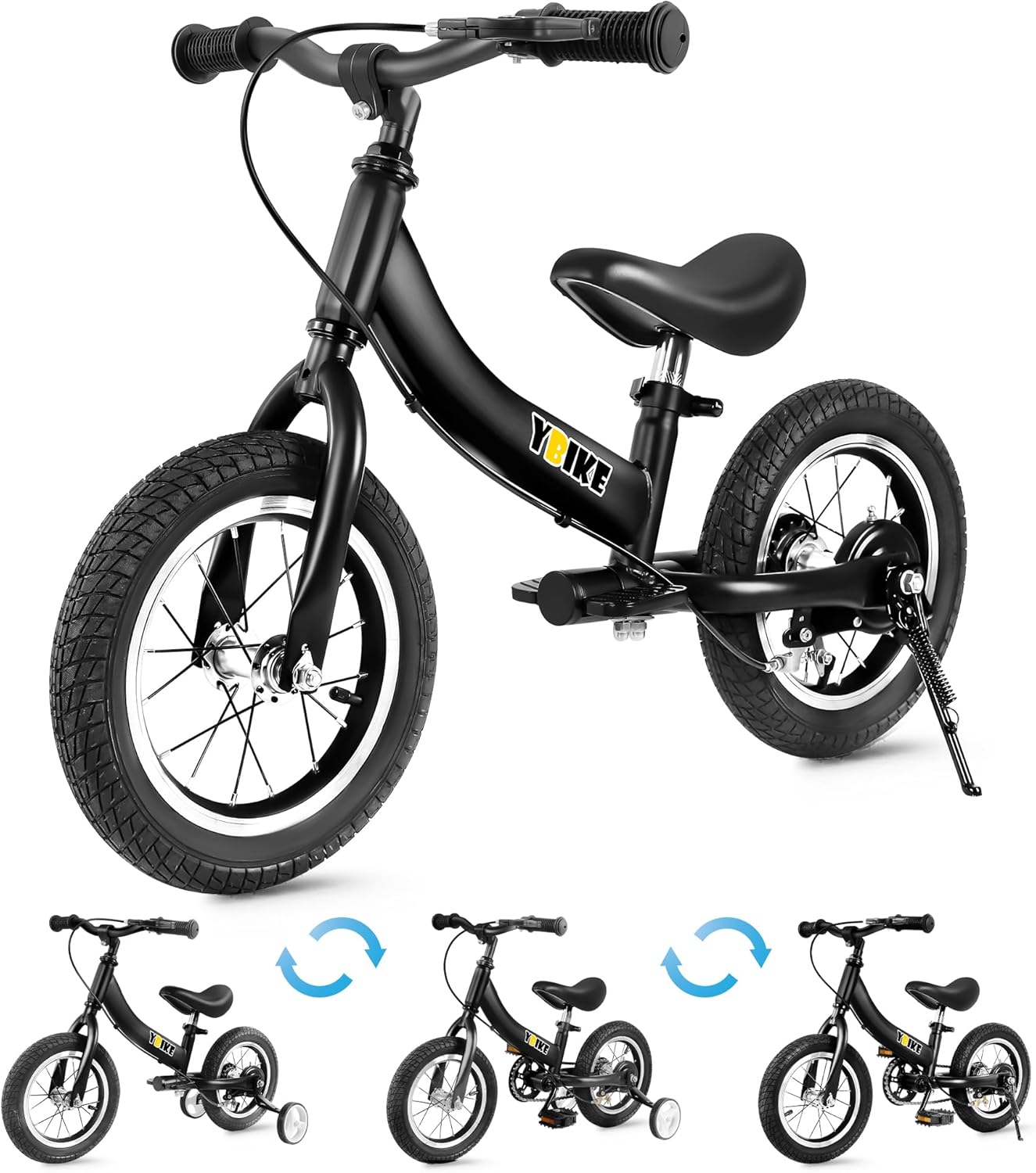 YBIKE 2 in 1 Balance Bike, Children's Balance Bike and Children's Bicycle Dual Use Function, Suitable for Children Aged 1-7, 12, 14, 16 Inches with Brake, Pedal, Training Theory