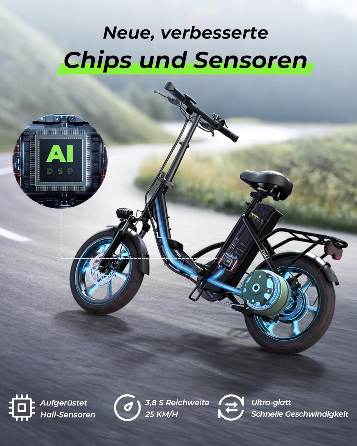Finbike Folding Bike E-Bike 16 x 2.15 Inch Fat Tire, Portable Electric Bicycle with 10.4 Ah Removable Battery, 4 Riding Modes, PAS Range Max 88 Km, Folding Electric Bikes for Men Women Commuting – Bild 5