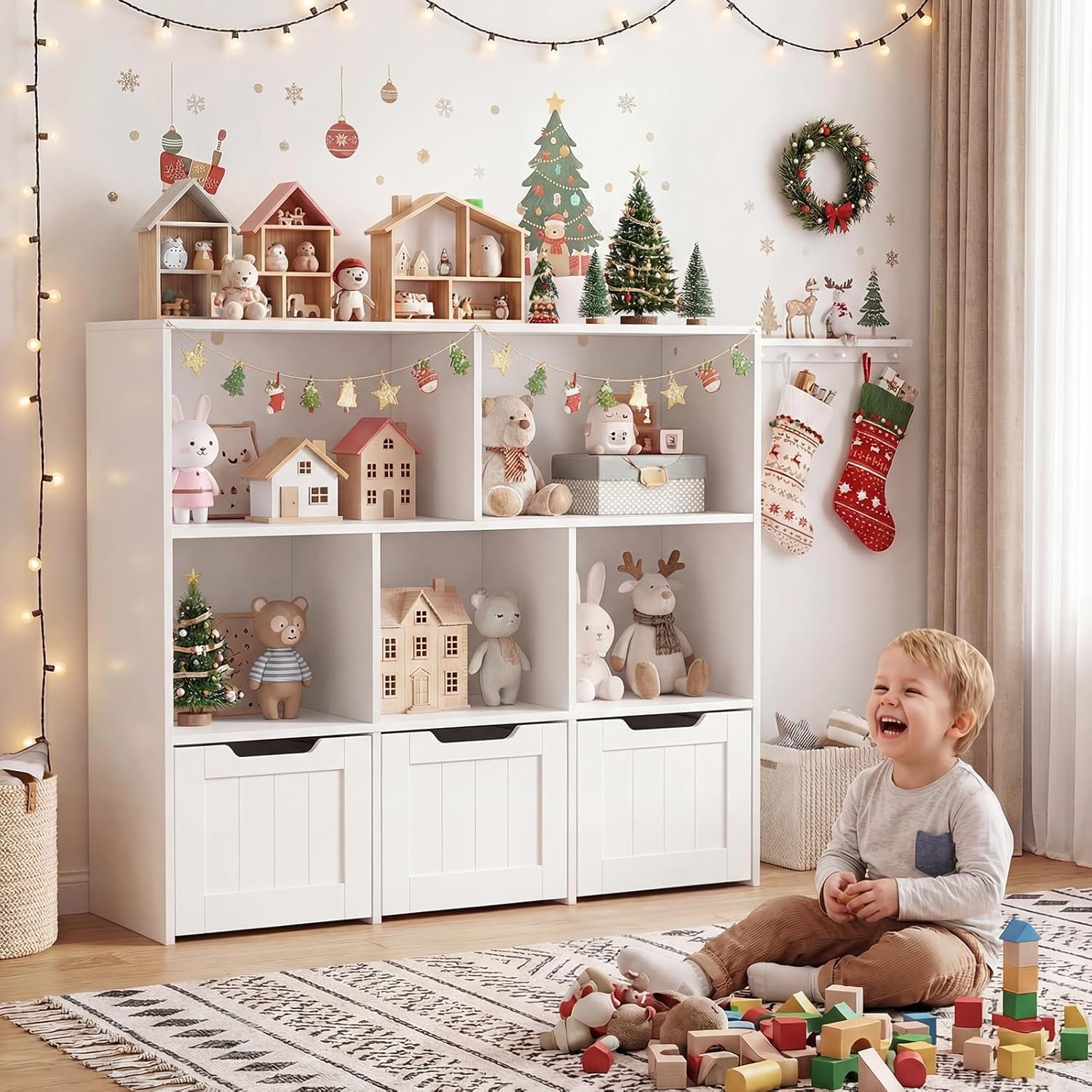 COSTWAY Children's Shelf with Boxes on Wheels, Children's Bookcase with 5 Compartments & 3 Drawers, Toy Cabinet Wooden Children's Cupboard, Toy Organiser for Children's Room, 100 x 33 x 90 cm (White) – Bild 9
