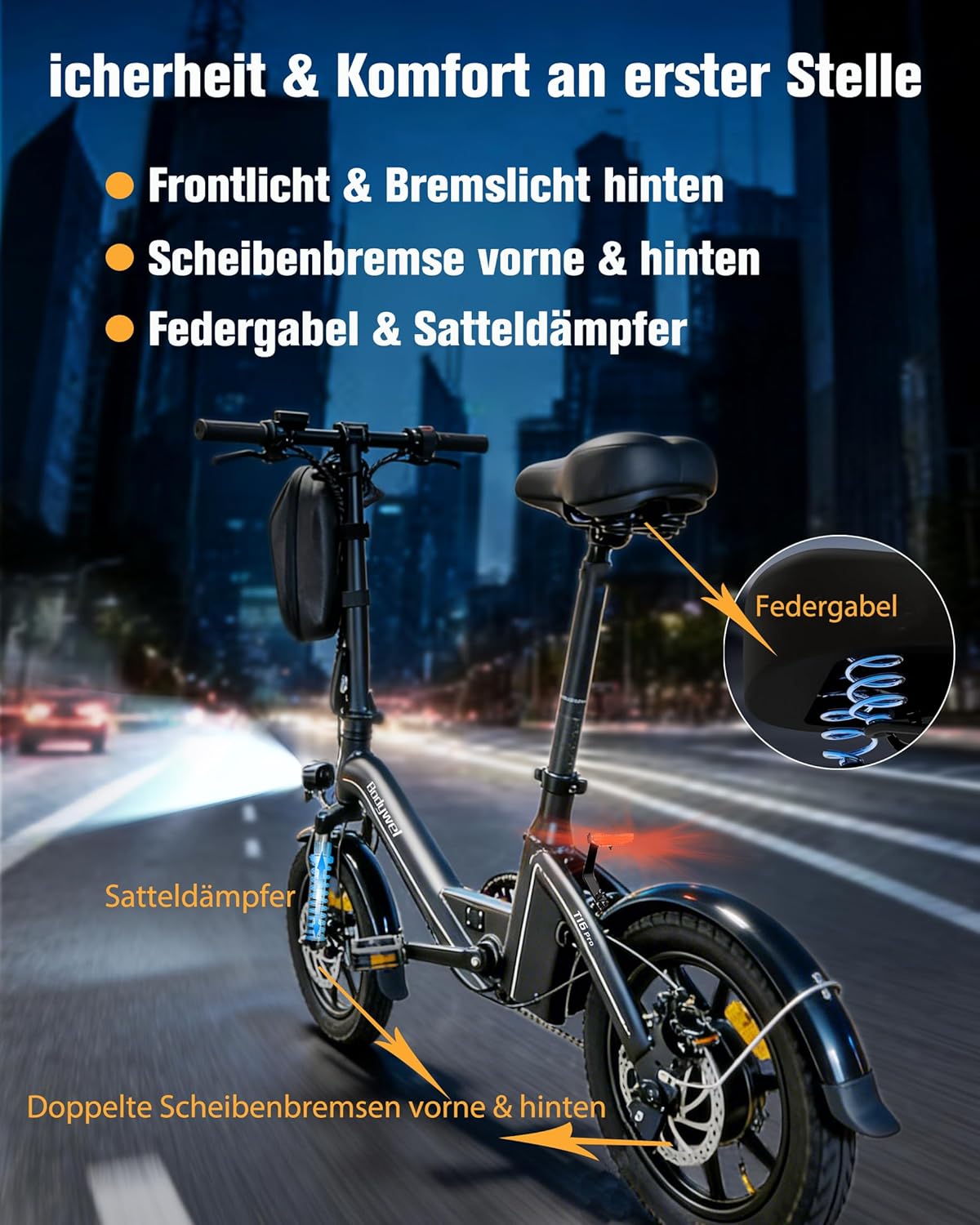 Bodywel T16PRO Mini E Bike 14 Inch Foldable Electric Bicycle 250 W 36 V/7.8 Ah Battery with App Radio for Men Women Range Max 45 km – Bild 4