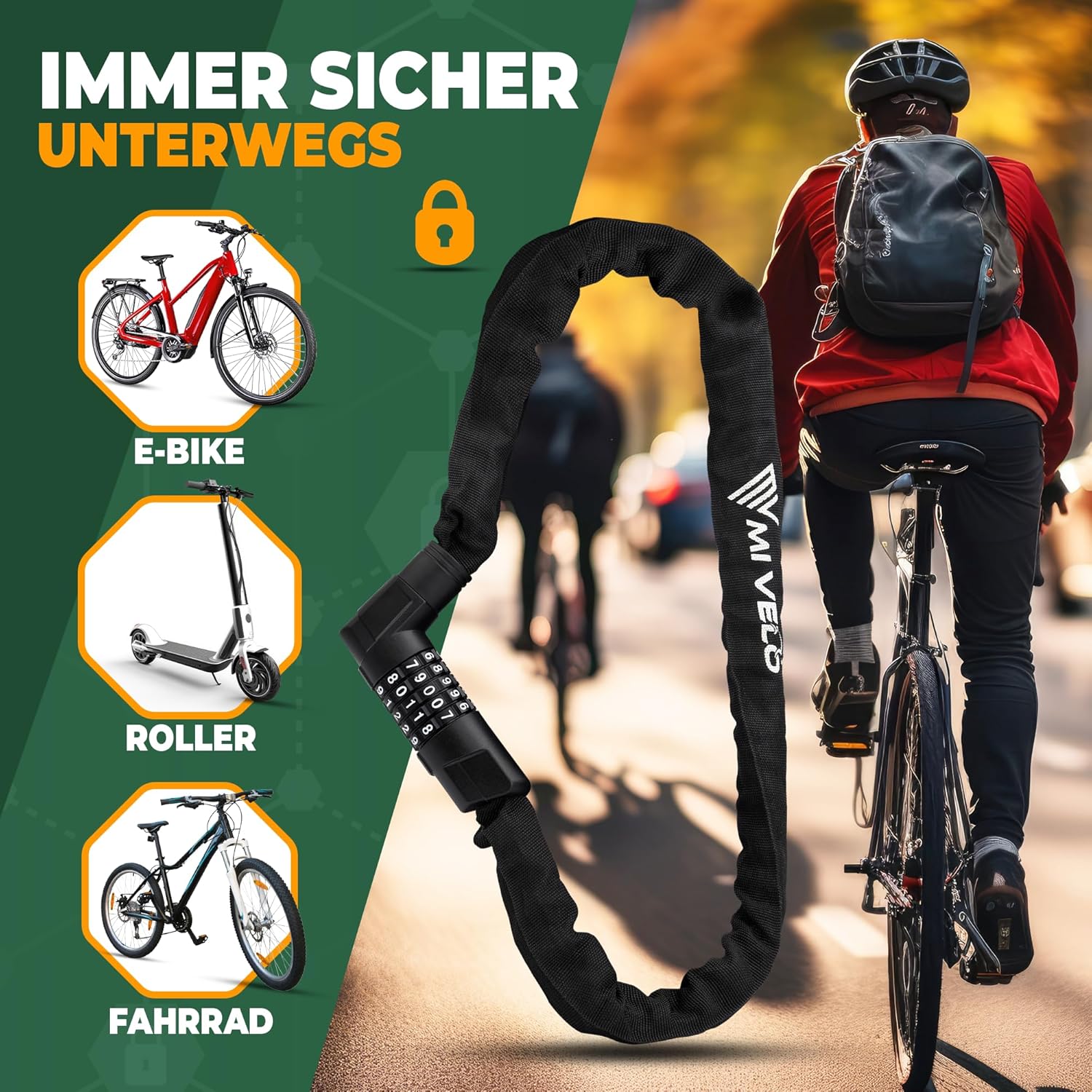 MIVELO Bicycle Lock Chain Lock High Security 100 cm Long I Bicycle Lock 8 mm Hardened Steel I Wheel Lock Combination Lock Ideal for E Bike, MTB & Road Bike I Bike Lock (with Combination Code) – Bild 5