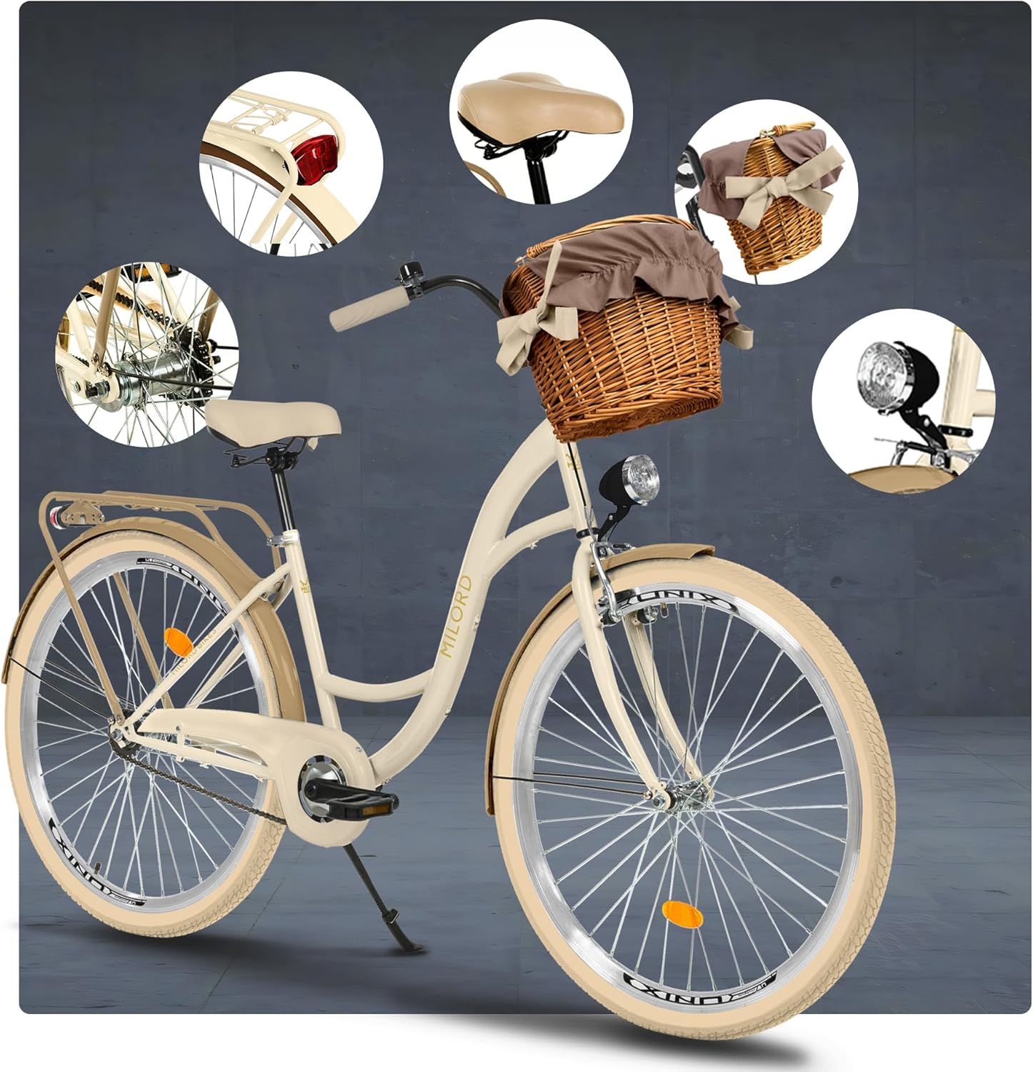 MILORD Women's City Bike Comfort with Wicker Basket Vintage Bicycle 26 / 28 Inch 1 Speed – Bild 7