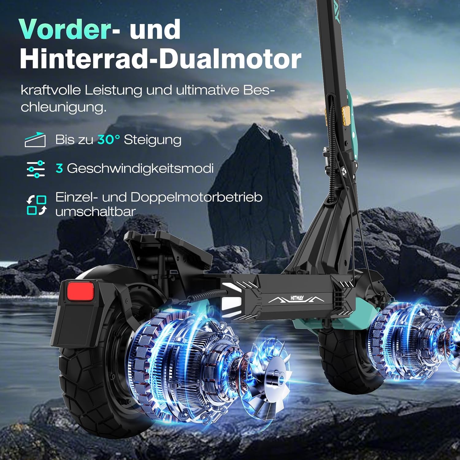 HITWAY H11 E Scooter with Road Legal, 250 W x 2 Motor Tip, 1800 x 2.130 KM, 52 V 23.4 Ah, 10 Inch Off-Road Rubber Tyres, 150 kg Max, Double Shock Absorption, Foldable E Scooter for Adults - with App – Bild 3