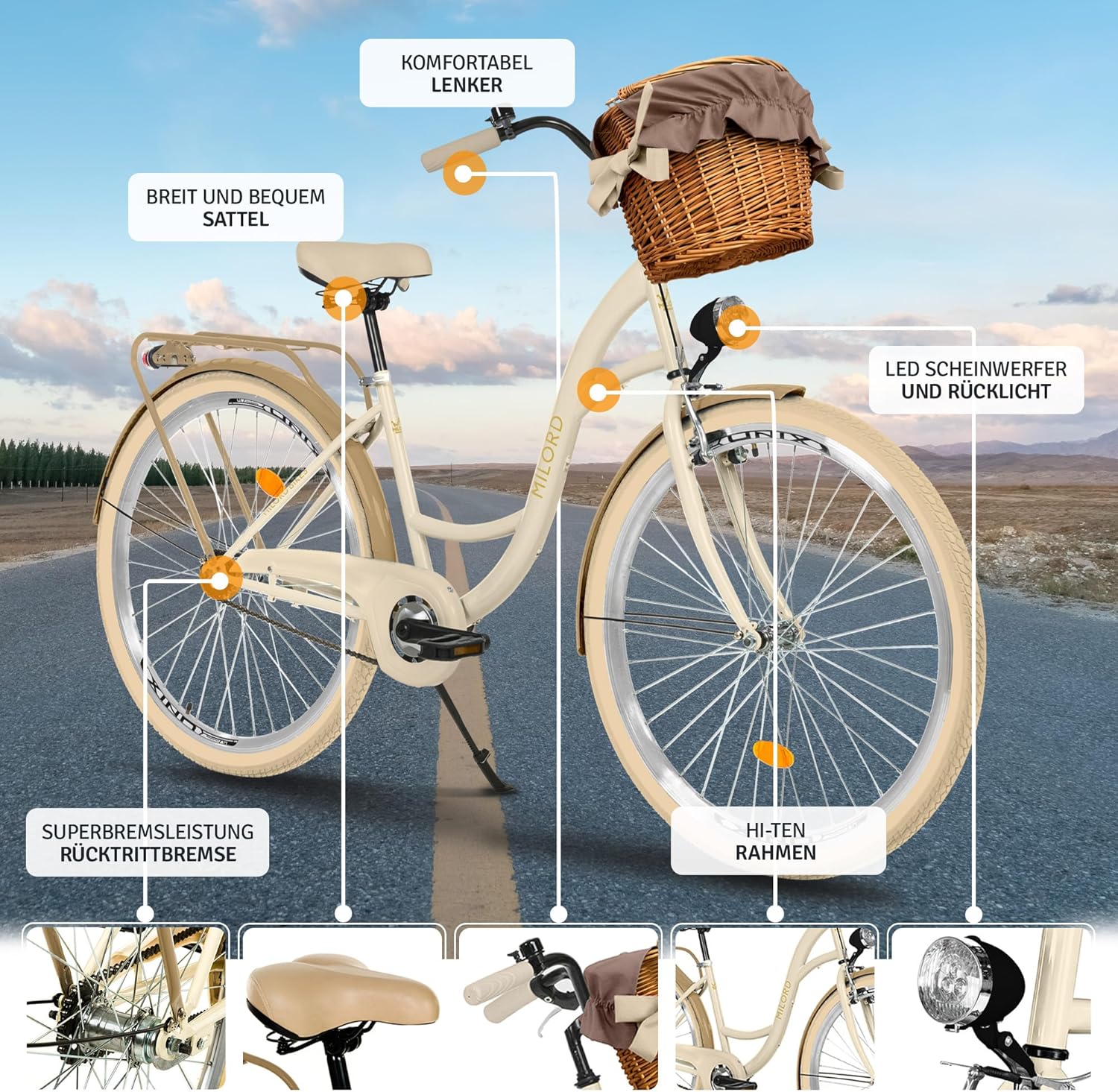 MILORD Women's City Bike Comfort with Wicker Basket Vintage Bicycle 26 / 28 Inch 1 Speed – Bild 2