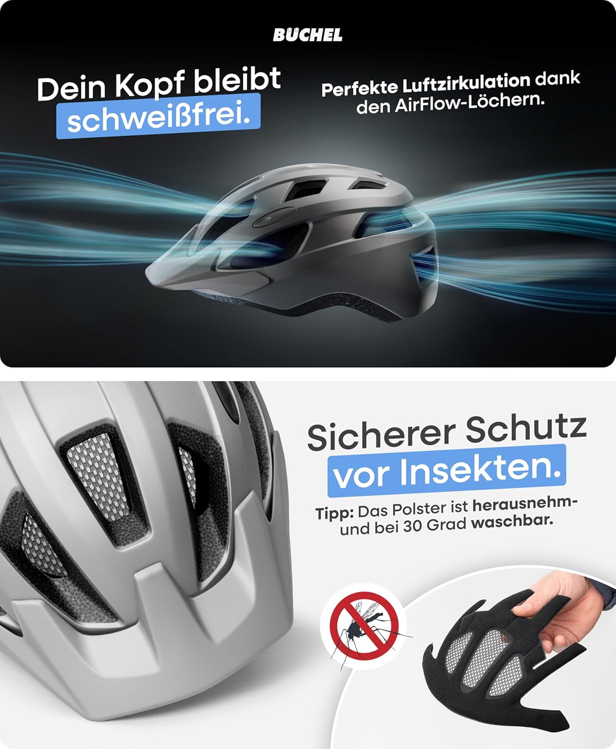 BÜCHEL Bicycle Helmet with In-Mould Technology & Cam Lock - Helmet for Children, Women and Men, with Chin Padding and Washable Fly Net - Bicycle Helmet 52-57 cm & 58-61 cm | Black, White, Grey – Bild 6