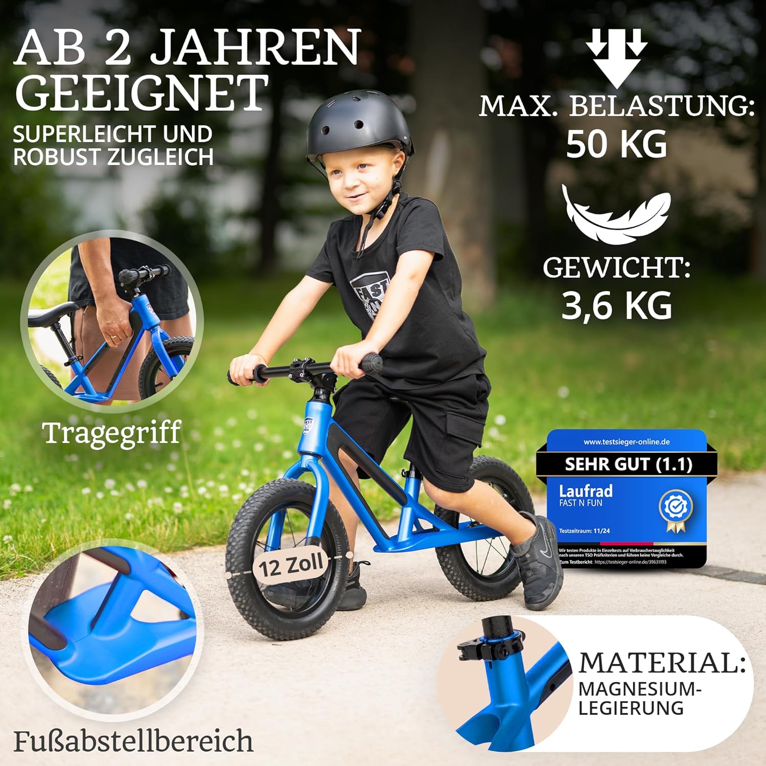 Balance Bike from 2 Years, Ultralight with Carry Handle, Magnesium Frame, 12 Inch Wheels, Footrest and Ergonomic Height-Adjustable Seat – Bild 2