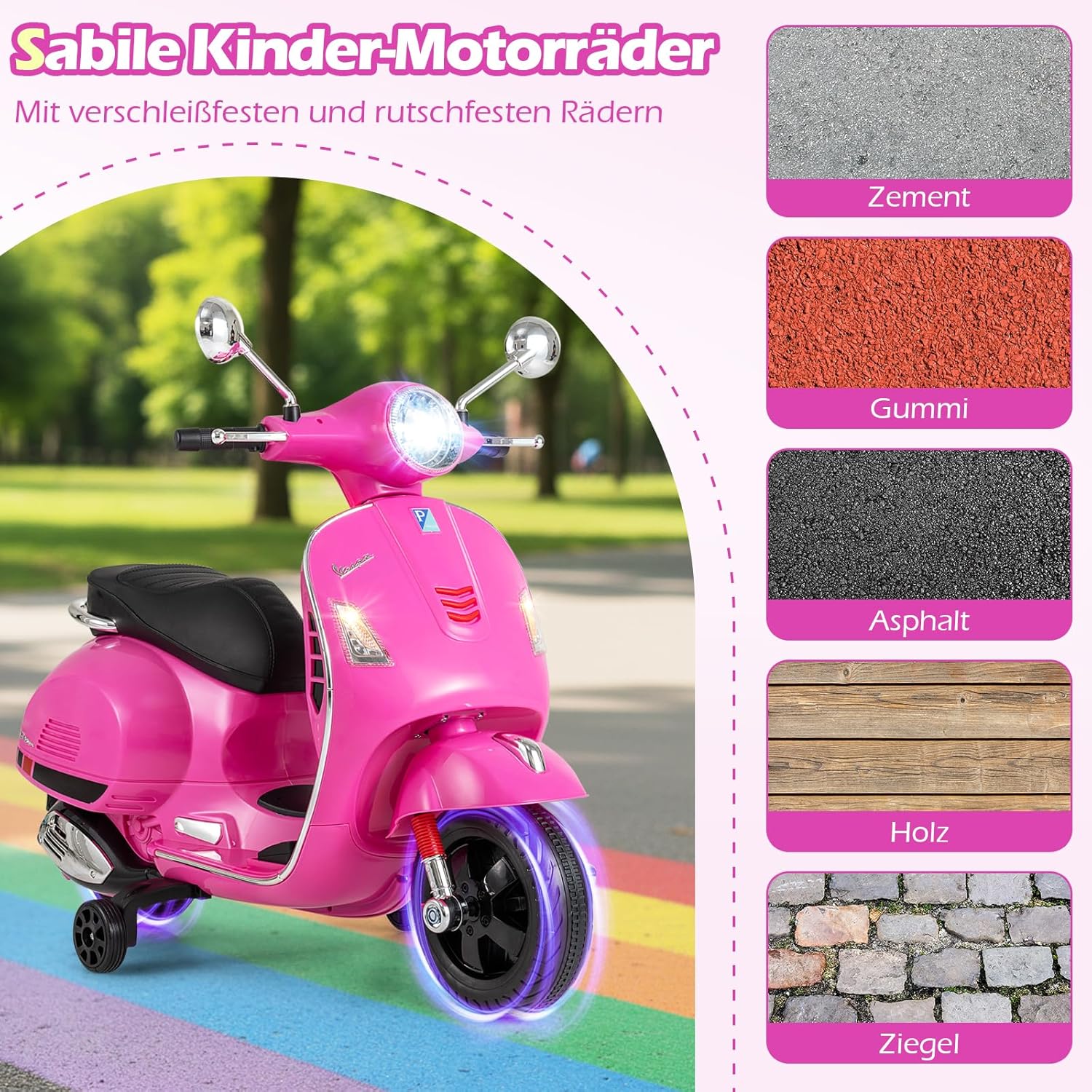 COSTWAY Children's Motorcycle, Electric, Vespa 12 V Motorcycle with LED Headlight and Horn, 2-3 km/h Electric Children's Motorcycle with Stabilisers, Electric Vehicle for Boys and Girls from 3-6 Years (Pink) – Bild 8