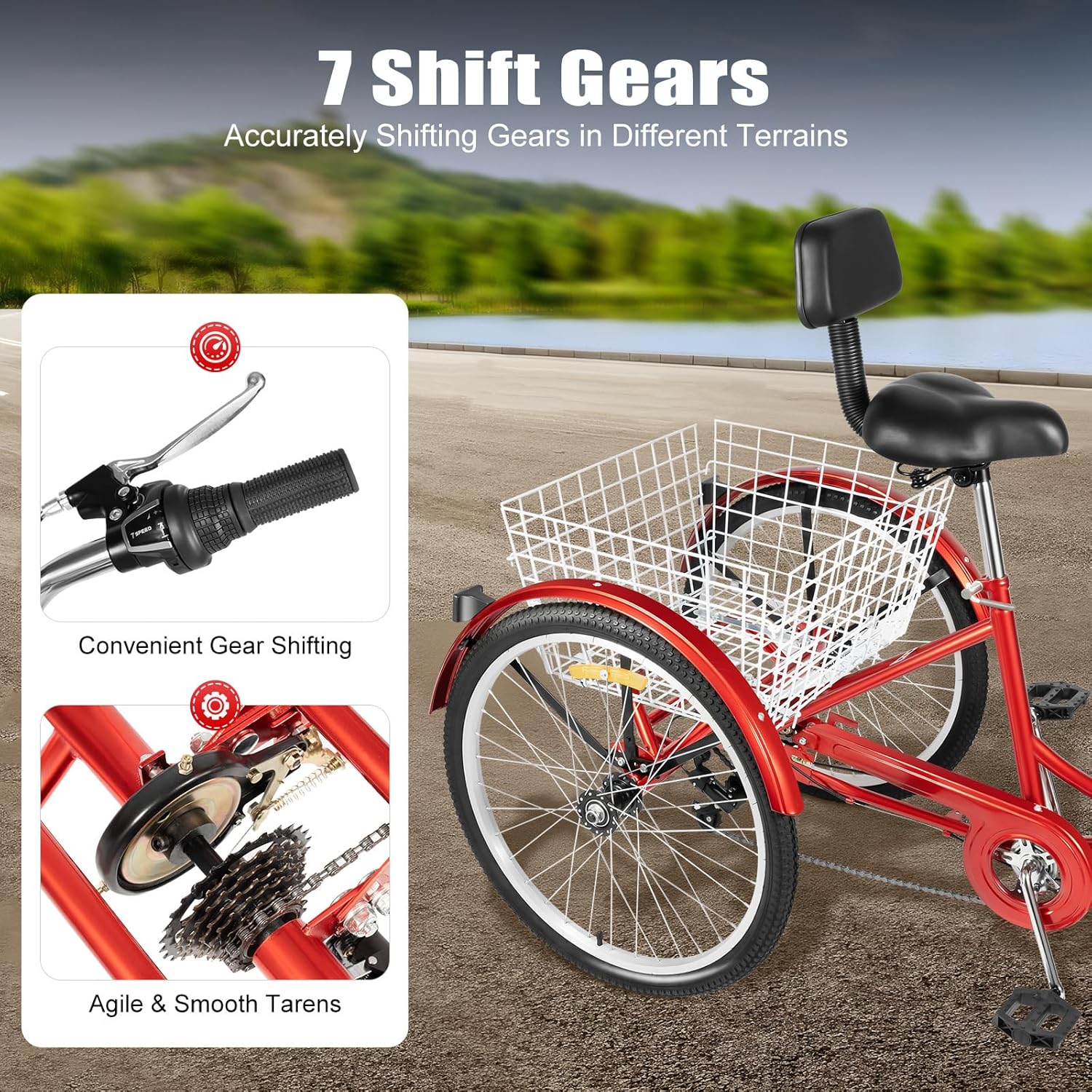 Tricycle for Adults Seniors, 24 Inch 7 Speed 3 Wheel Bicycle with Basket, City Bicycle Tricycle Weight Capacity of 140 kg, with Wheel Splash Guard and LED Front Light and Reflectors, Red – Bild 3