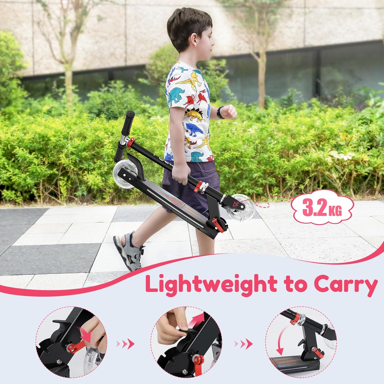 TONBUX Children's Scooter with Cool Illuminated Poles, Wheels and Deck, 3 Levels Height Adjustable Children's Scooter, Foldable Lightweight Scooter Children from 5 to 12 Years – Bild 4