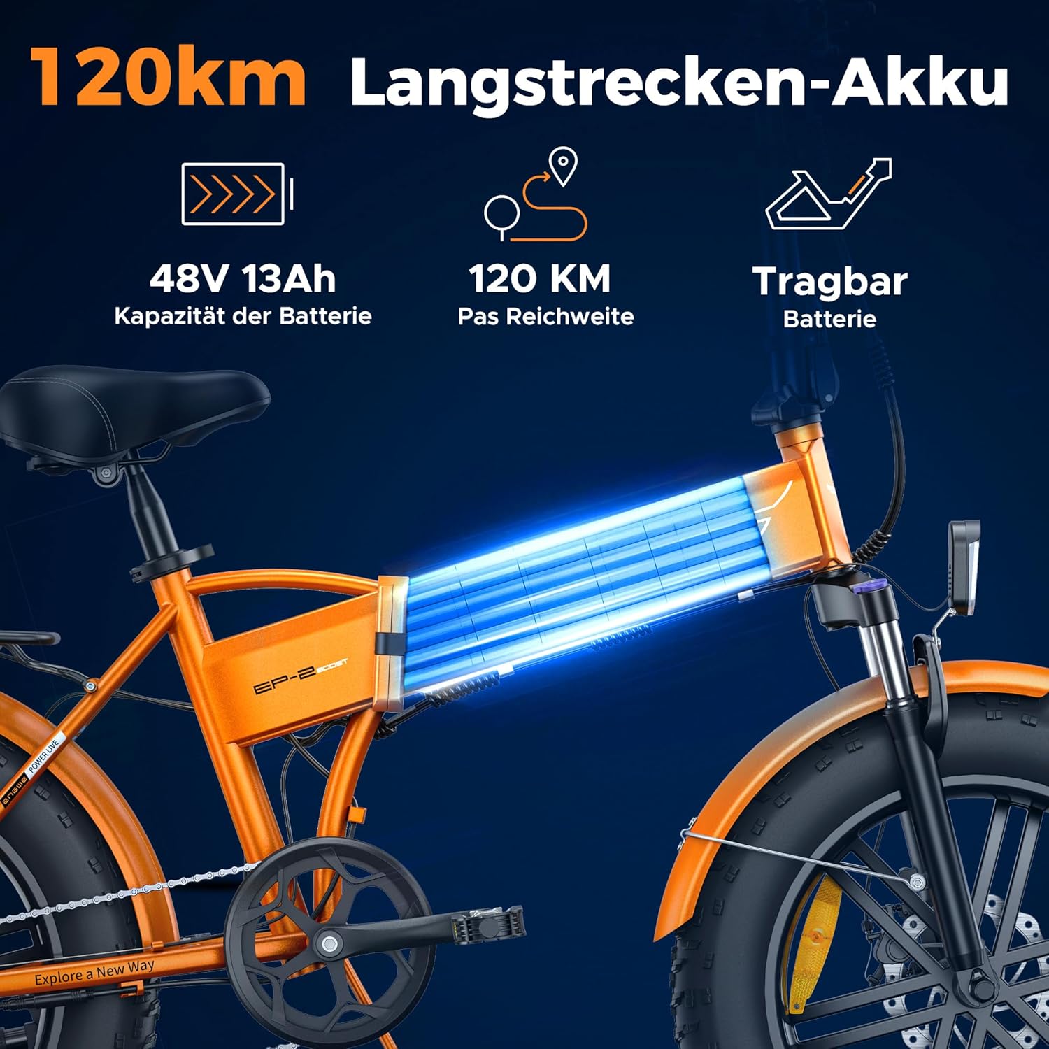 ENGWE EP-2 Boost Folding Electric Bicycle with Torque Sensor, 48 V 13 Ah Removable Battery Range 120 km and 250 W Brushless Motor, LED Display, 20 x 4.0 Inch Fat Tyres and 7 Gears – Bild 4