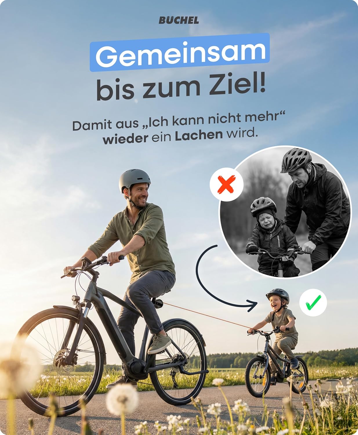 Büchel Bicycle Tow Rope up to 120 kg - 2.20 m Tow Rope Bicycle Children with Pull Tab & Abrasion Protection - Sturdy Carabiner & 3-Way Mountable for Adult & Children's Bikes – Bild 2