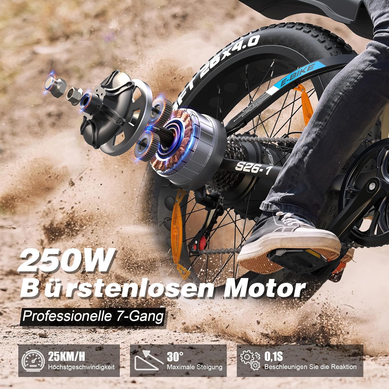 VARUN E Bike, 26 x 4.0 Zoll Ebike Herren mit 85Nm 250W Motor, 48V 18AH Akku, bis 150km Reichweite, Vollfederung, 5 PAS LCD-Display, 25km/h, 7 Gang, Offroad E-Bike für alle Geländearten – Bild 5