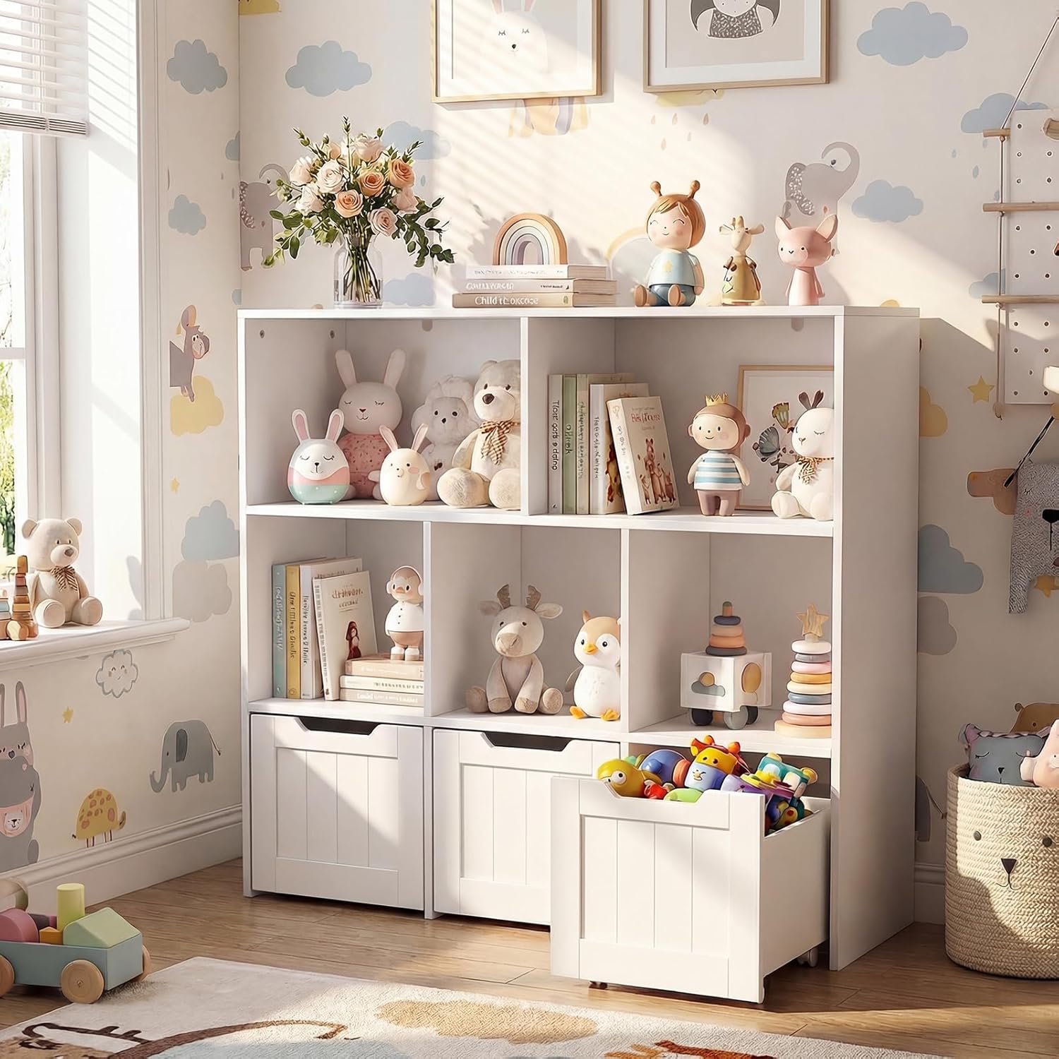 COSTWAY Children's Shelf with Boxes on Wheels, Children's Bookcase with 5 Compartments & 3 Drawers, Toy Cabinet Wooden Children's Cupboard, Toy Organiser for Children's Room, 100 x 33 x 90 cm (White) – Bild 8