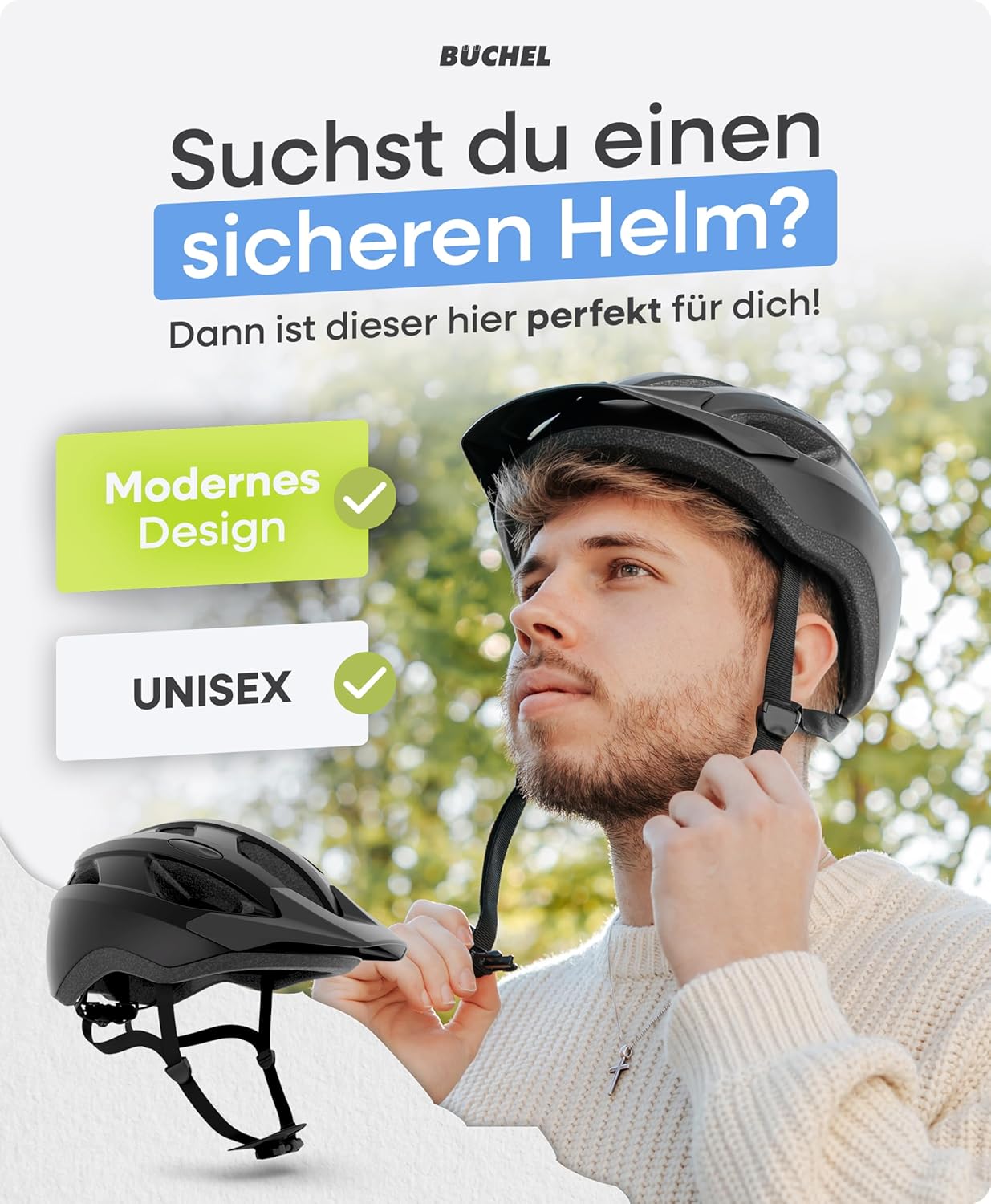 BÜCHEL Bicycle Helmet with In-Mould Technology & Cam Lock - Helmet for Children, Women and Men, with Chin Padding and Washable Fly Net - Bicycle Helmet 52-57 cm & 58-61 cm | Black, White, Grey – Bild 2