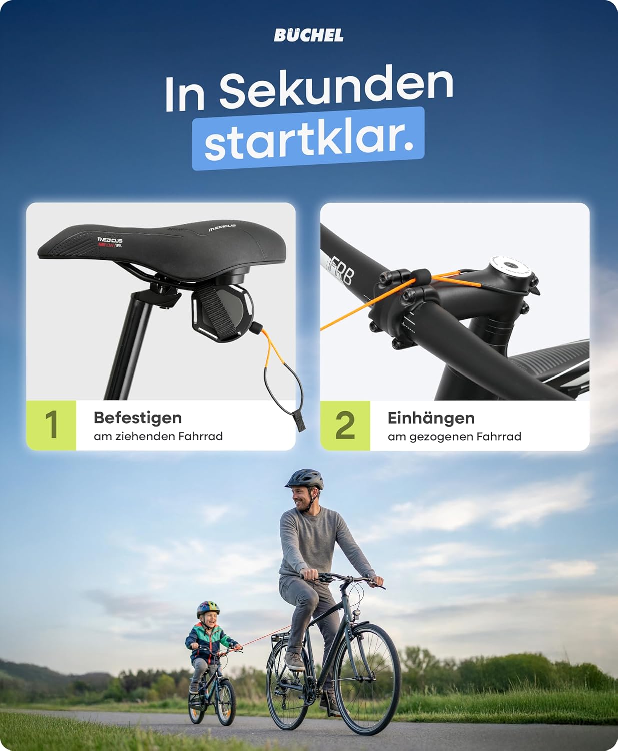 Büchel Bicycle Tow Rope up to 120 kg - 2.20 m Tow Rope Bicycle Children with Pull Tab & Abrasion Protection - Sturdy Carabiner & 3-Way Mountable for Adult & Children's Bikes – Bild 4