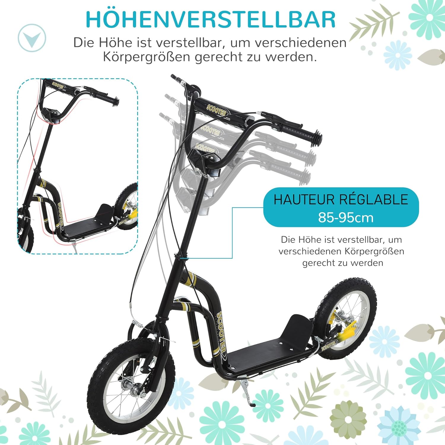 HOMCOM Children's Scooter from 5 Years Scooter City Scooter Children's Scooter Kickboard with Pneumatic Tyres 12 Inch Rubber Aluminium 120 x 58 x 85-95 cm – Bild 3