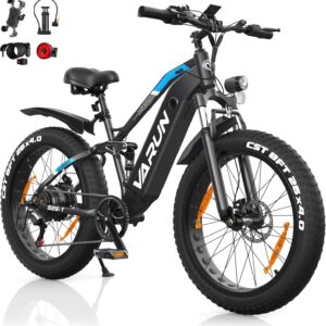 VARUN E Bike, Men’s E-Bike with 26 x 4.0 Inch Fat Tire, 48 V 18 Ah Battery, Up to 150 Km, 85 Nm 250 W Motor, Off-Road Ebike Mountain Bike with Full Suspension, 7-Speed, All-Terrain Electric Bicycle
