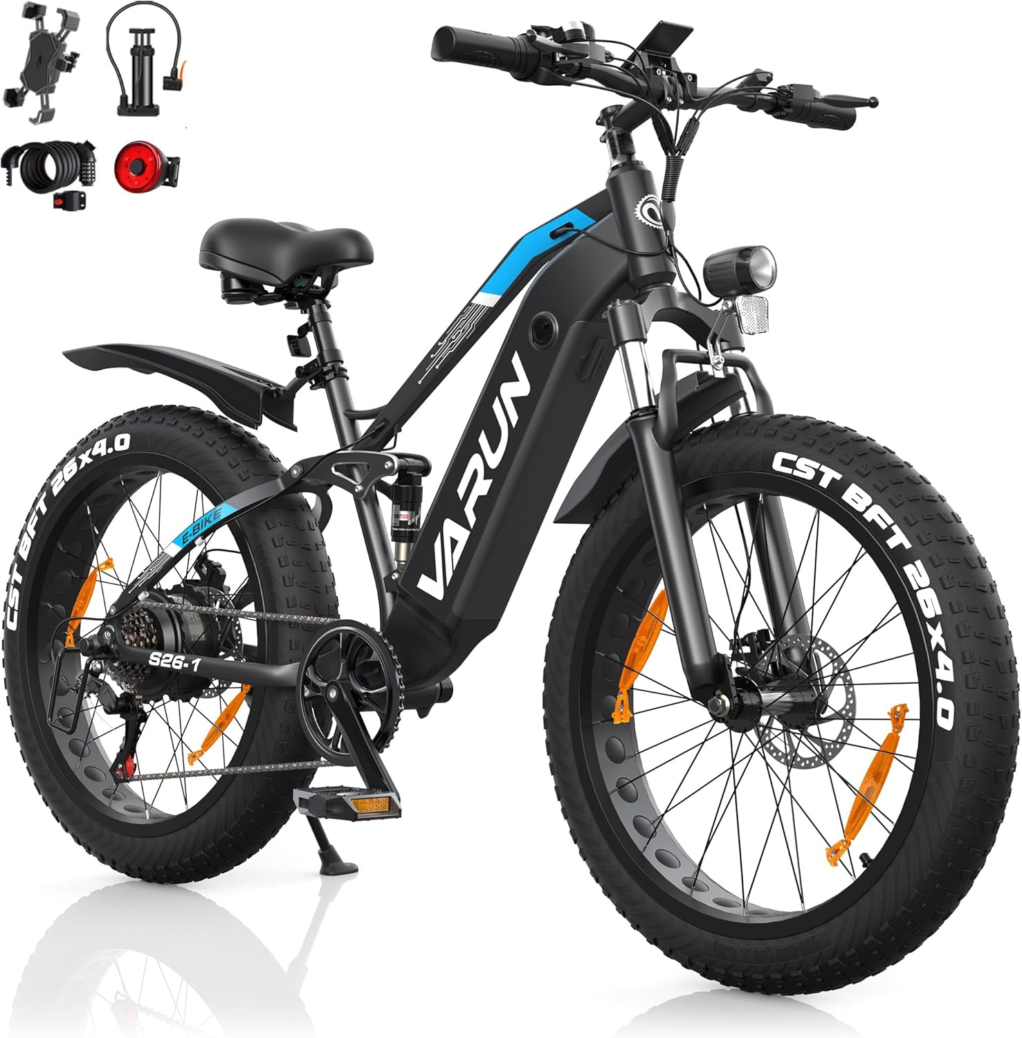 VARUN E Bike, Men's E-Bike with 26 x 4.0 Inch Fat Tire, 48 V 18 Ah Battery, Up to 150 Km, 85 Nm 250 W Motor, Off-Road Ebike Mountain Bike with Full Suspension, 7-Speed, All-Terrain Electric Bicycle