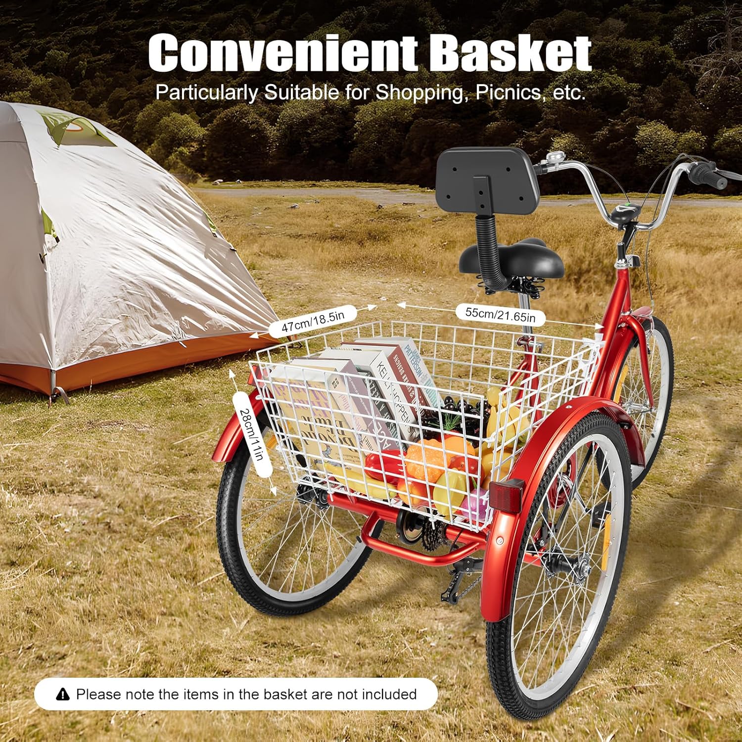 24 Inch Folding Tricycle, Tricycle for Adults with LED Headlight & Shopping Basket, 7-Speed Tricycle Bike, 3 Wheels, Outdoor Shopping Bicycle for Seniors & Adults, Red – Bild 3