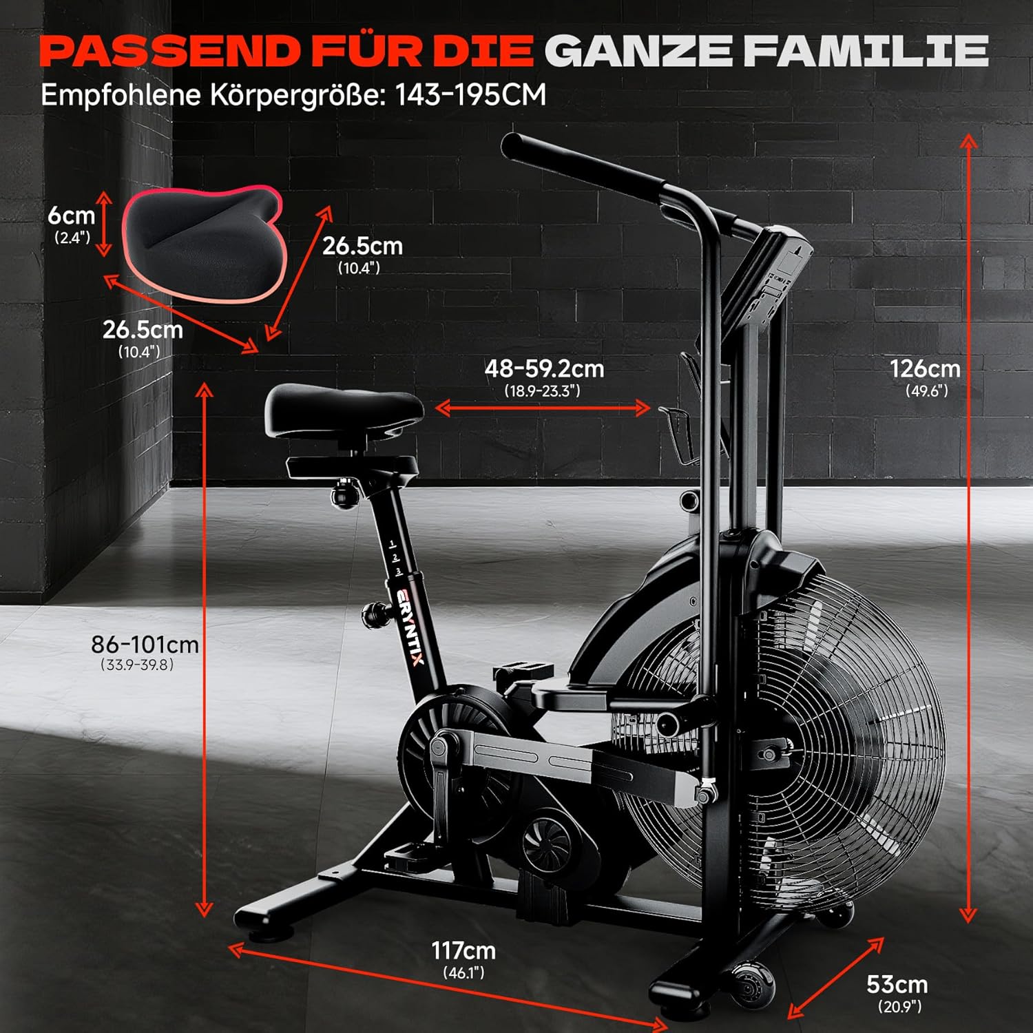 Air Bike, Heimtrainer Fahrrad Air Bike mit Luftwiderstand, Trainingsfahrrad mit Einstellbarem Magnetwiderstand, Leises Indoor-Fitnessbike für Ganzkörpertraining, LCD Monitor, App Verbindung – Bild 7
