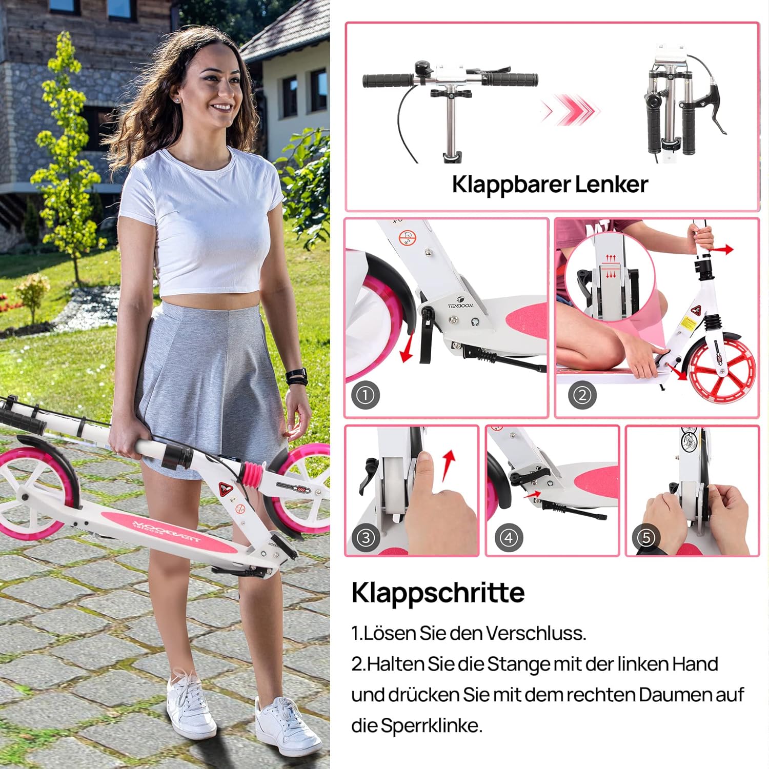 TENBOOM Children's Scooter, 10 Years, Aluminium Folding City Scooter, Height Adjustable, Scooter Kick Scooter with Handbrake and Bell for Children 8 Years and Adults – Bild 5