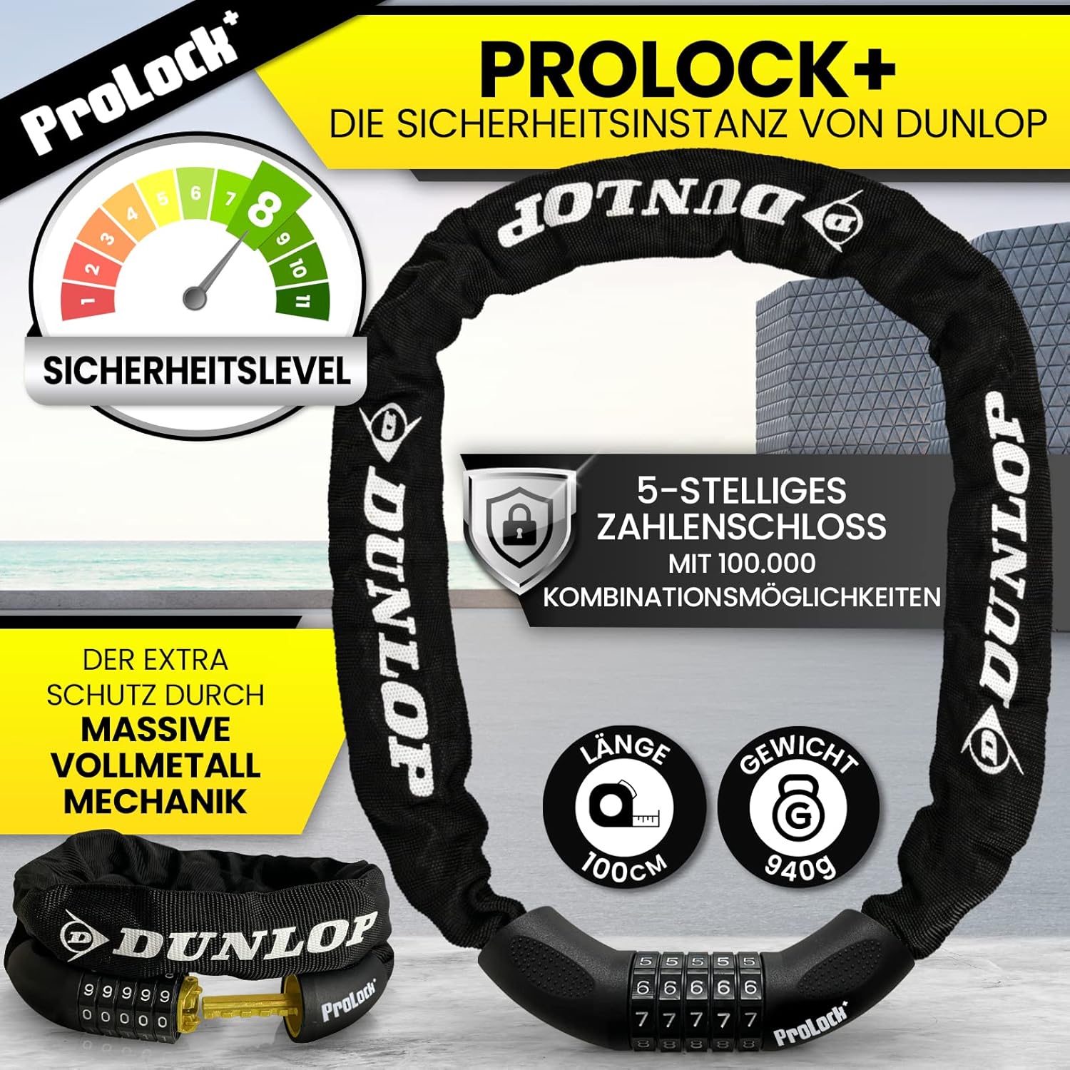 Dunlop Bicycle Lock Combination Lock Bicycle Lock - High Security Level 8-100 cm Bicycle Lock with 5 Combination Code - Chain for E Bike Scooter Ebike Numbers Bicycle Lock Pro Lock Black – Bild 2