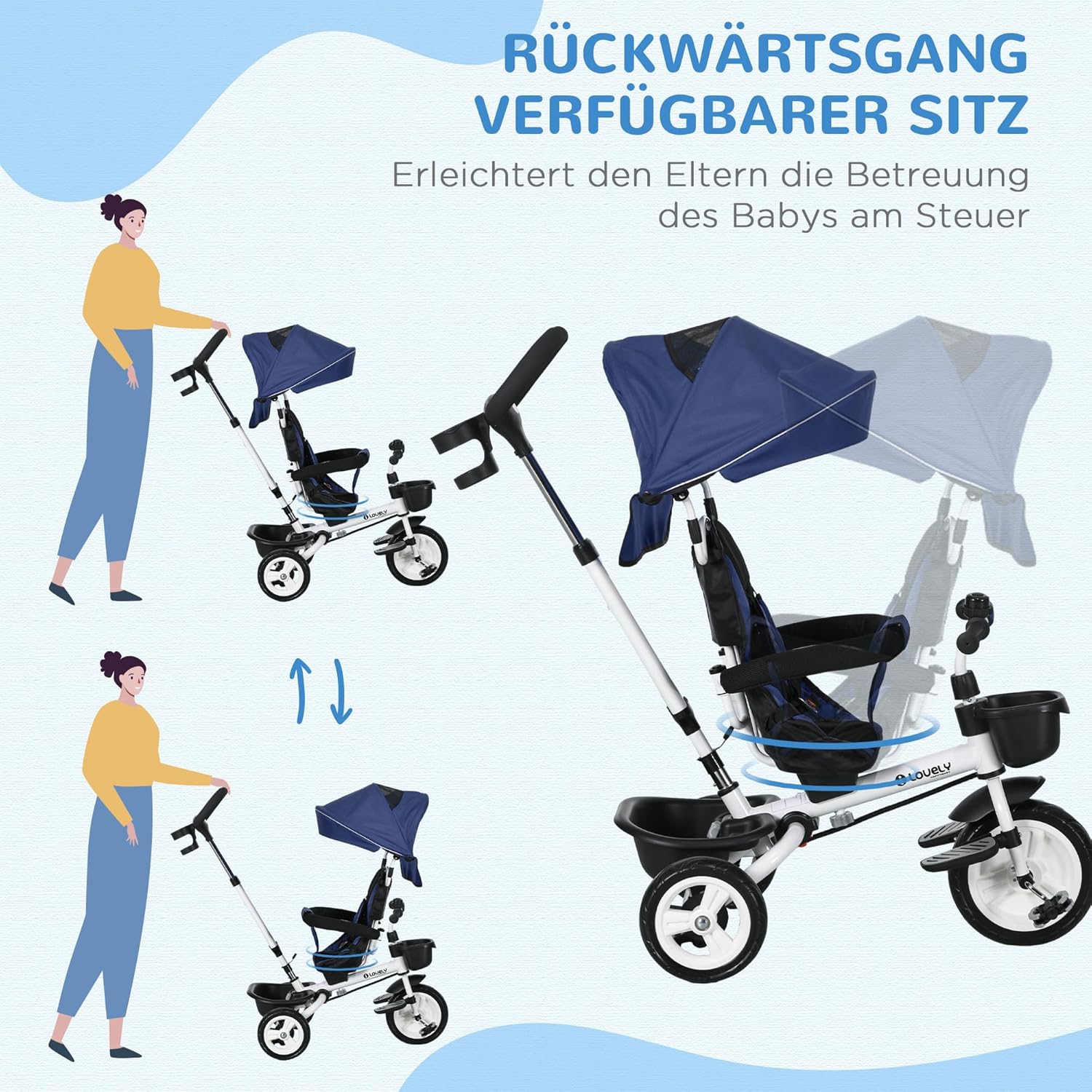 HOMCOM 6-in-1 Tricycle with Push Bar, Foldable, Children's Tricycle with Seat Belt, Removable Sun Canopy, Basket, Drink Holder, Pedal, for 1-5 Years Children, up to 25 kg, Blue – Bild 5