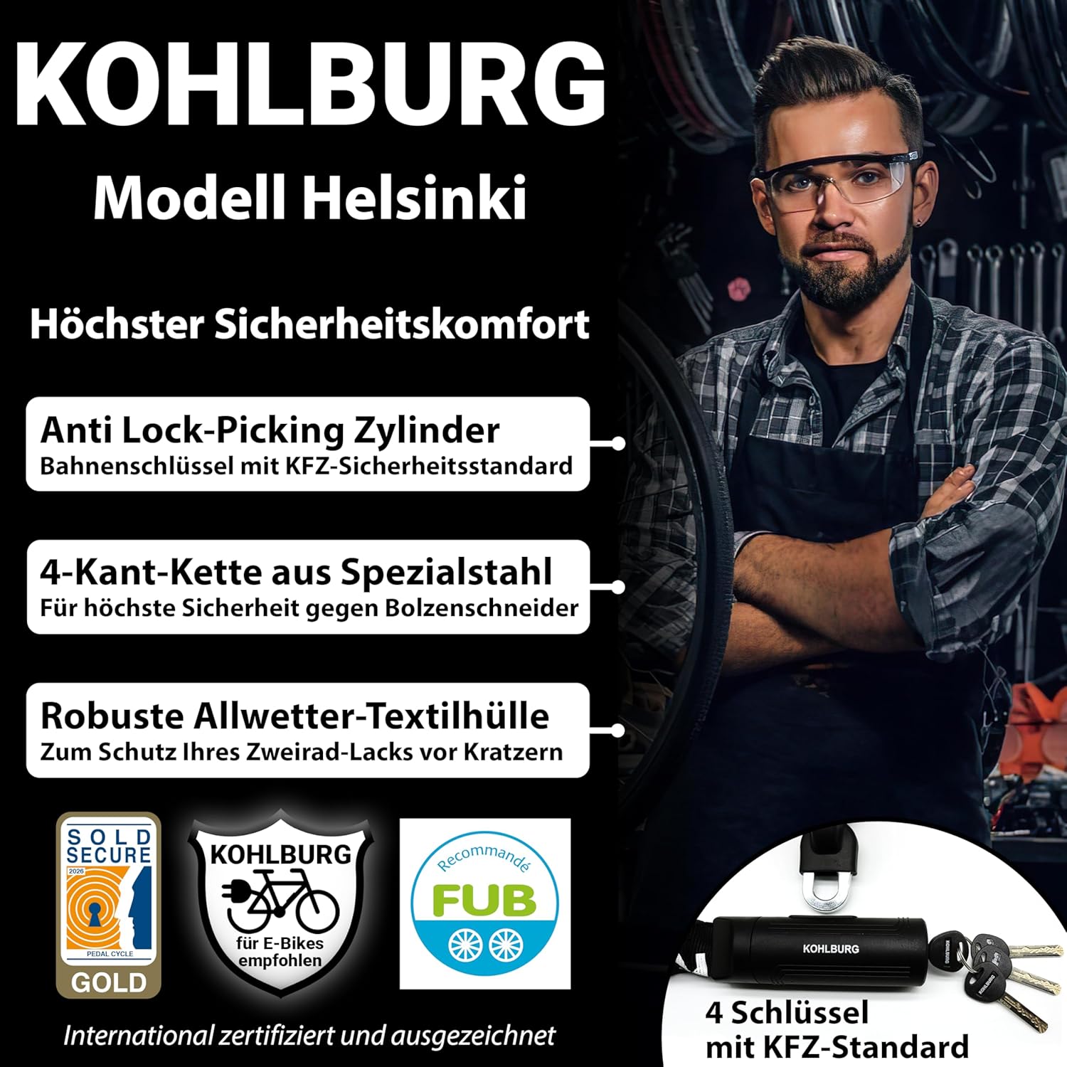 KOHLBURG Security Chain Lock 125 cm Long with 8.3 mm Thick 4-Edge Chain Made of Hardened Special Steel - Secure Bicycle Lock with 4 Keys for E-Bike Bicycle and Motorcycle – Bild 3